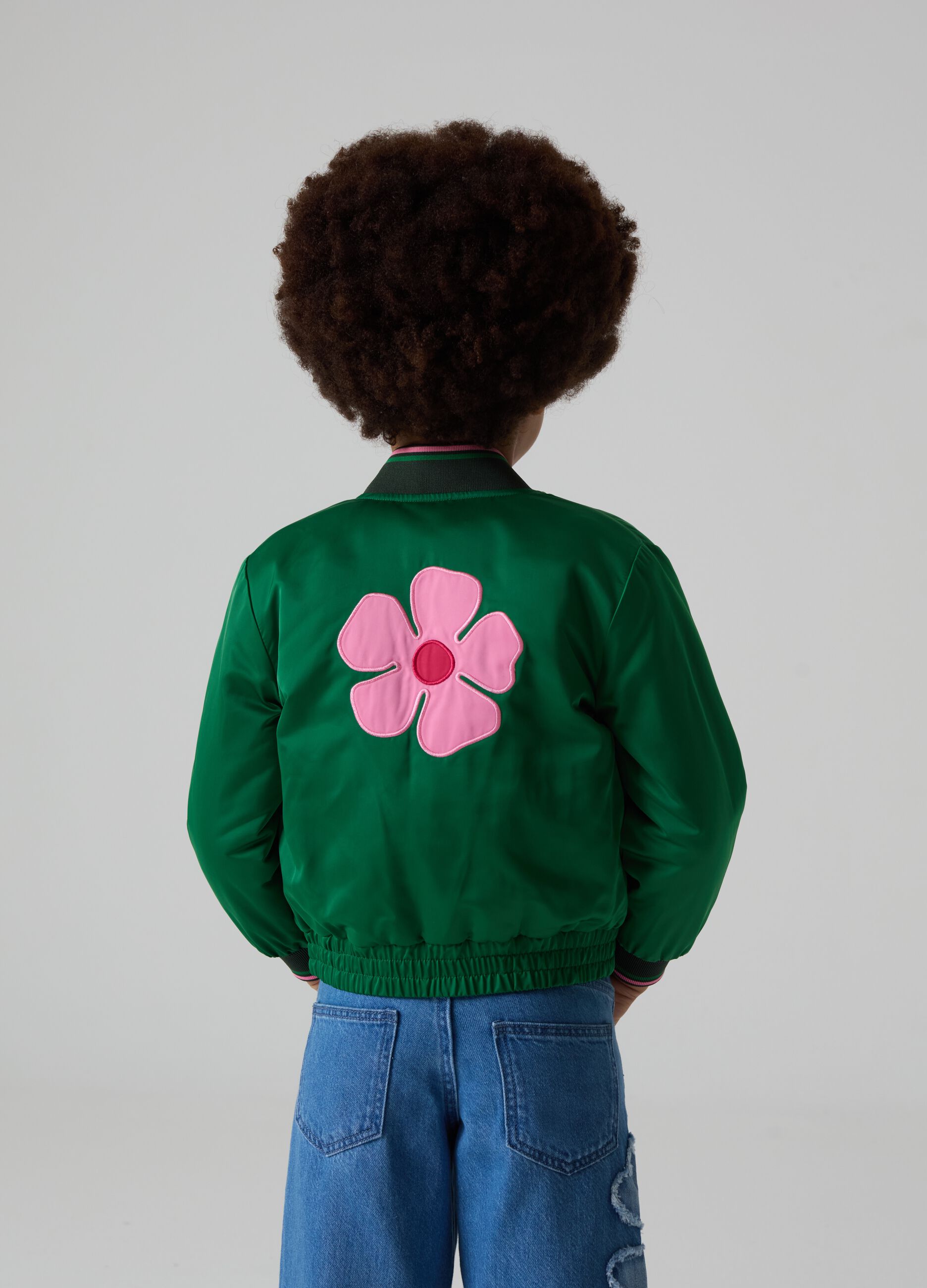 Bomber jacket with logo embroidery and flower patch