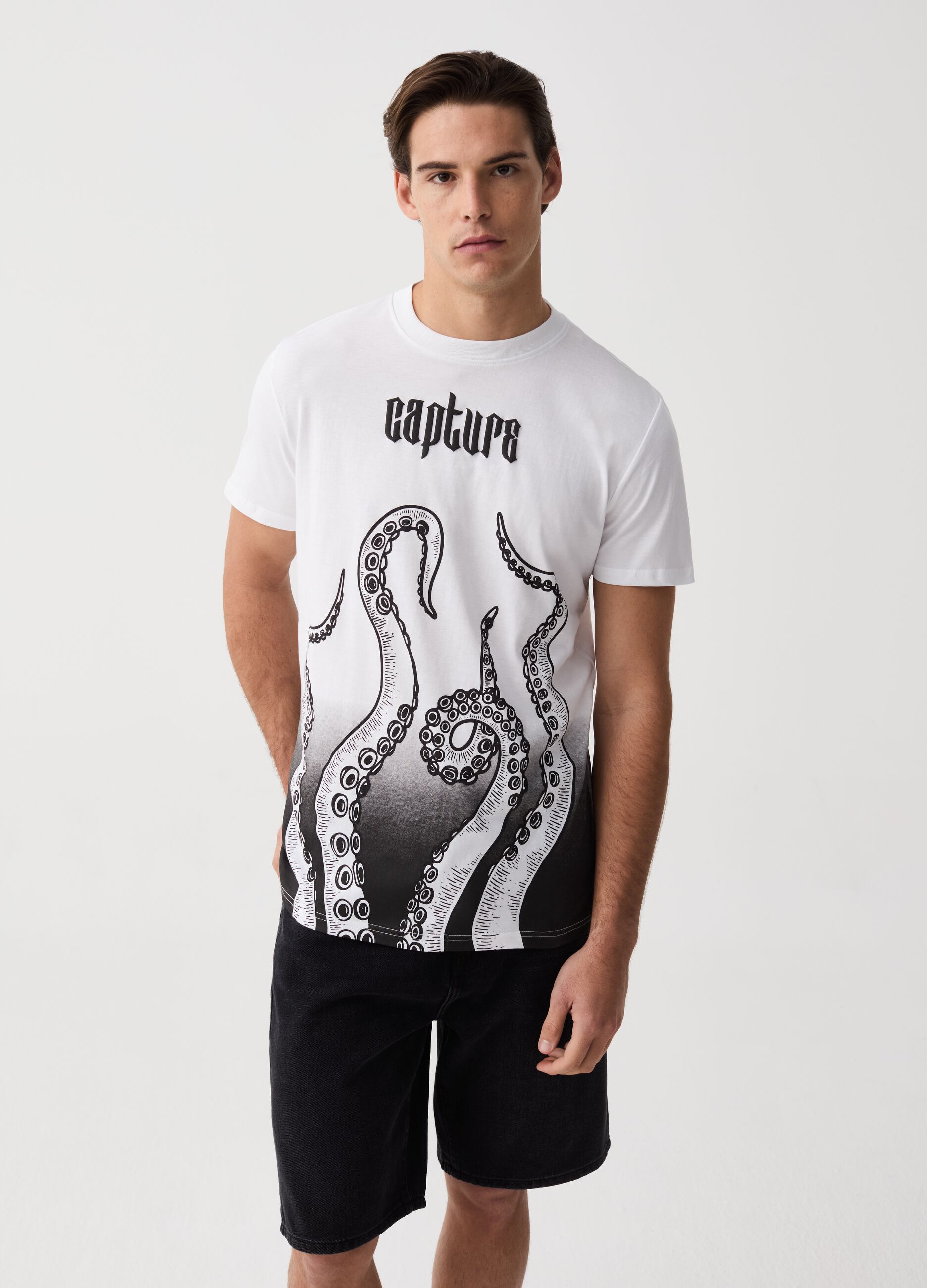 Cotton T-shirt with octopus print