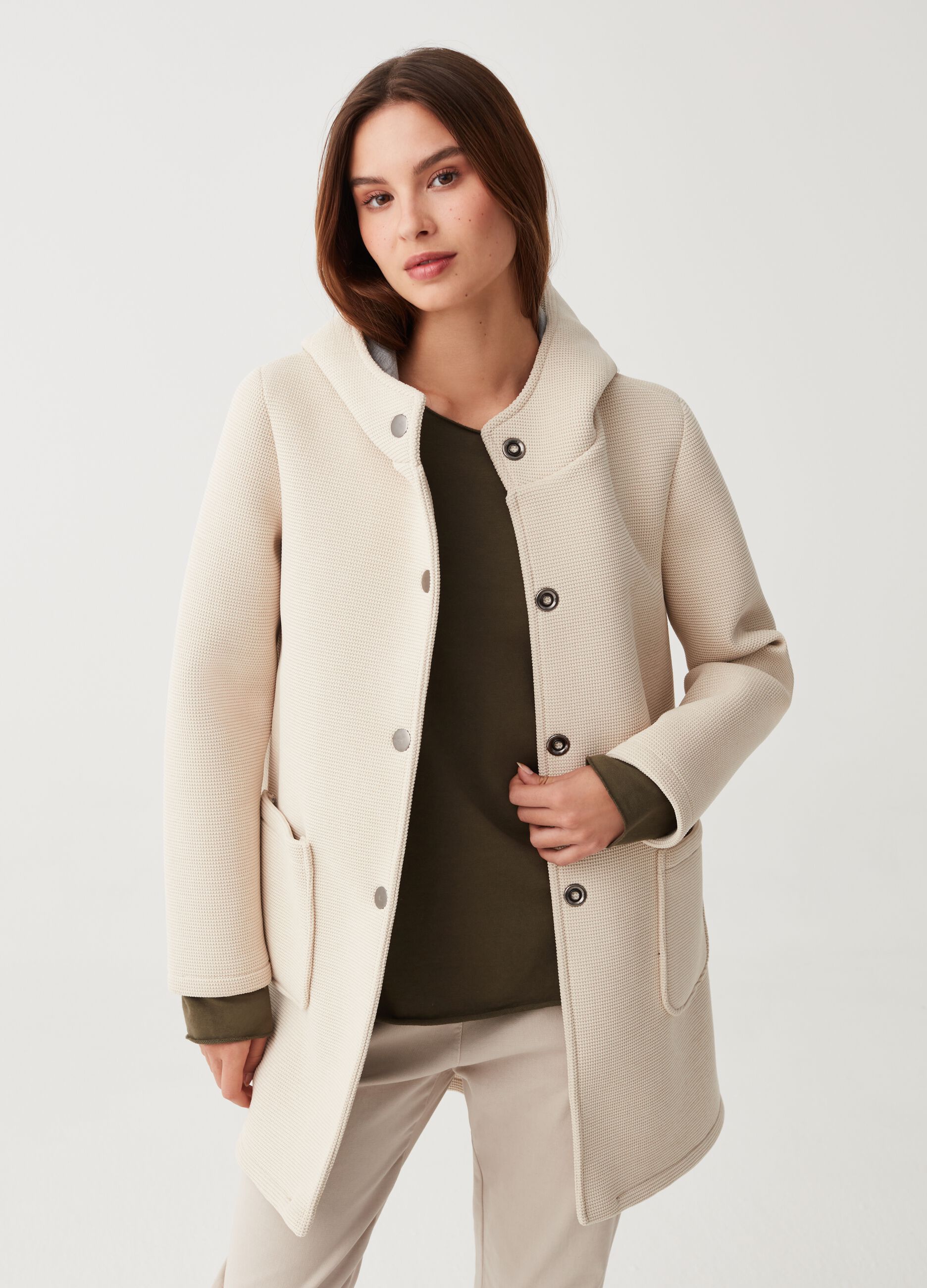 HYBRID Woman's Natural Long jacket with micro waffle weave