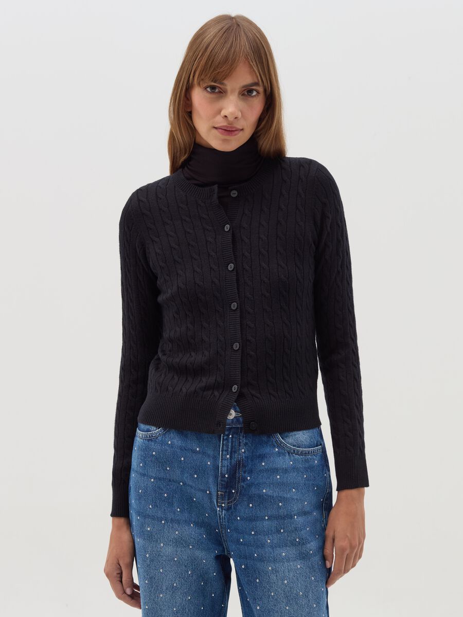 Ribbed cardigan with cable-knit design_0