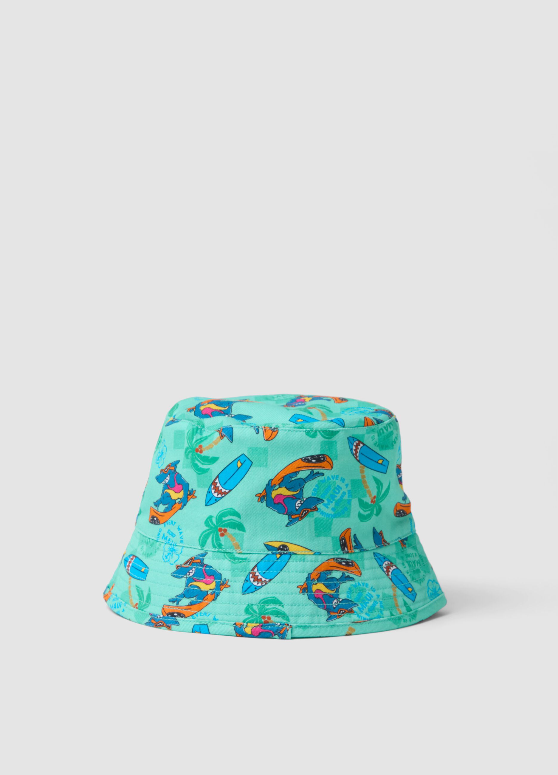 Children's light blue pure cotton hat with prints