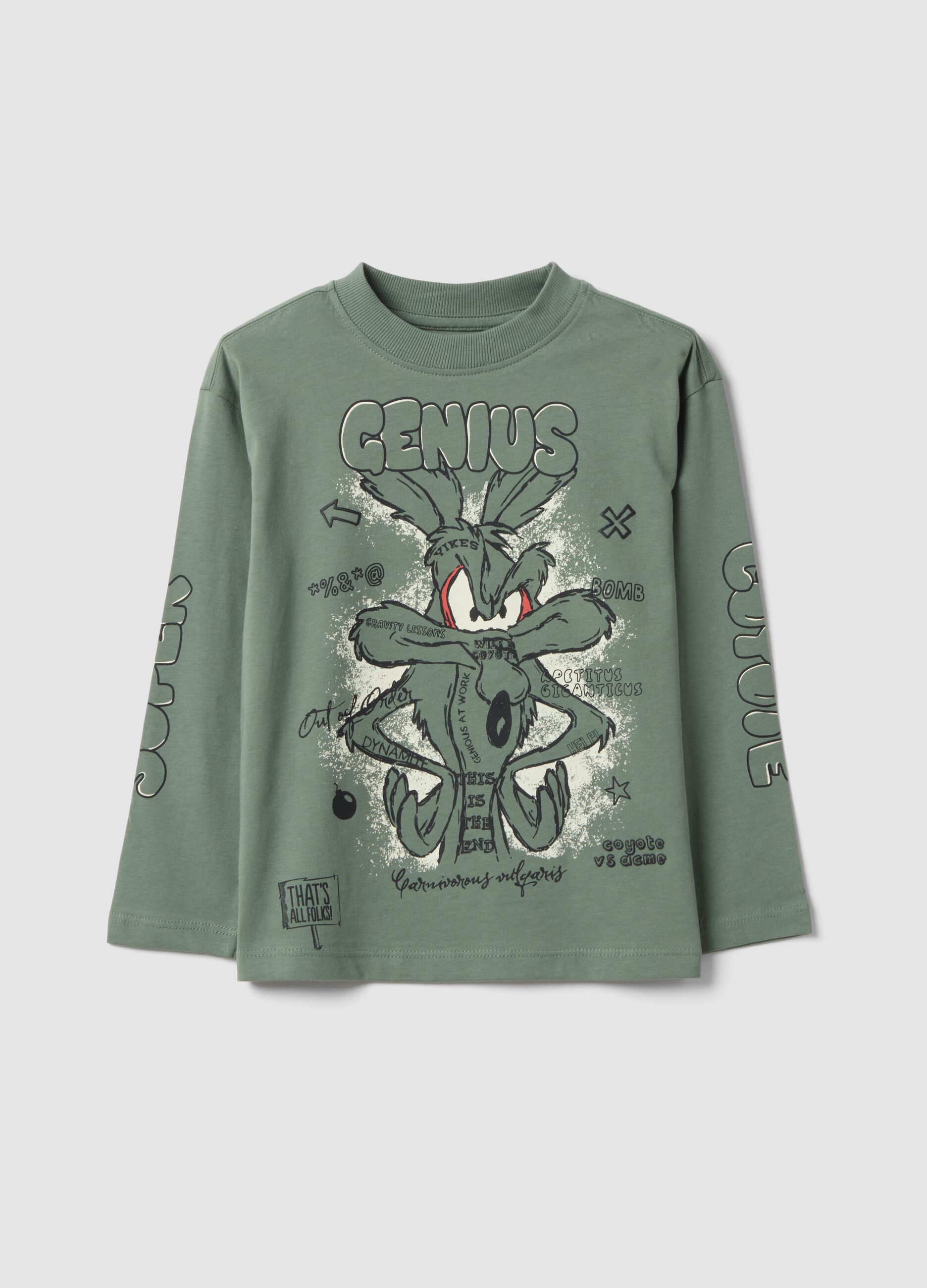 T-shirt verde de manga comprida em algod&atilde;o puro com estampado Looney Tunes para menino