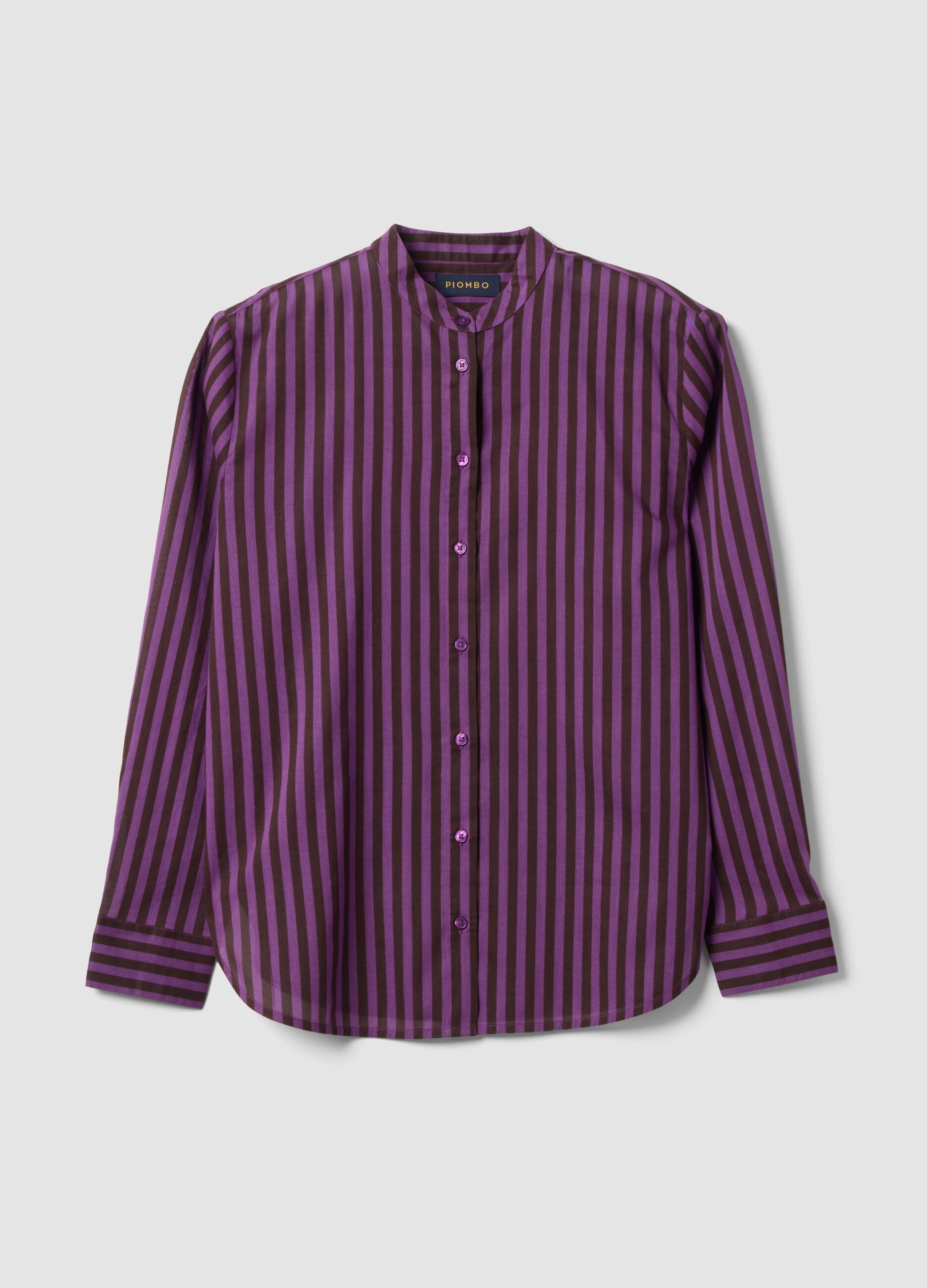 Camicia viola in puro cotone a righe con collo alla coreana regular fit