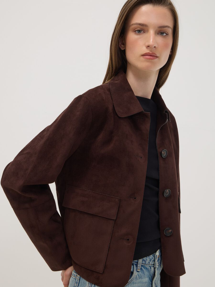 Brown regular-fit shacket with patch pockets_0