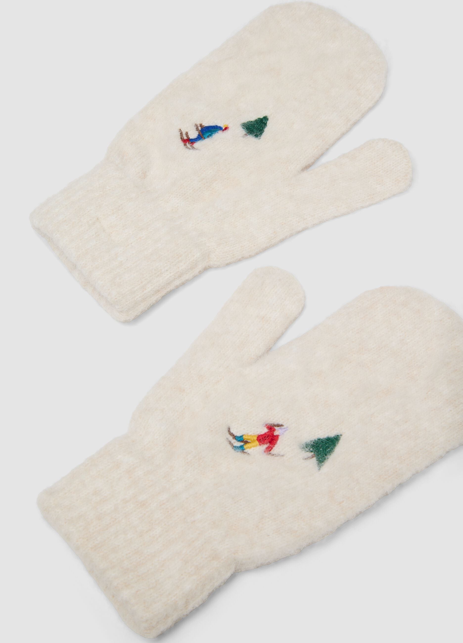 Beige stretch wool-blend gloves with ski embroidery