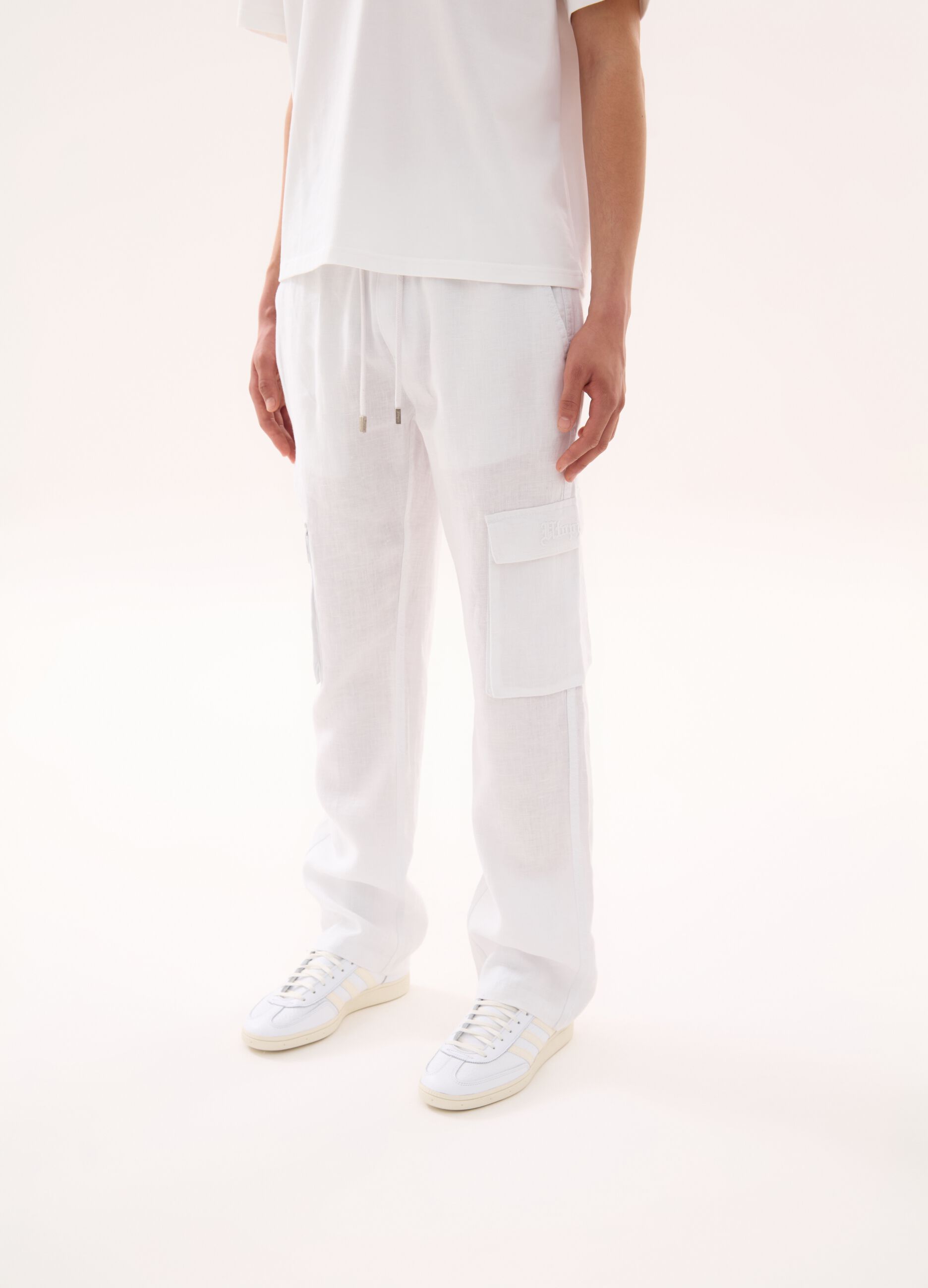 100% Linen Cargo Trousers White