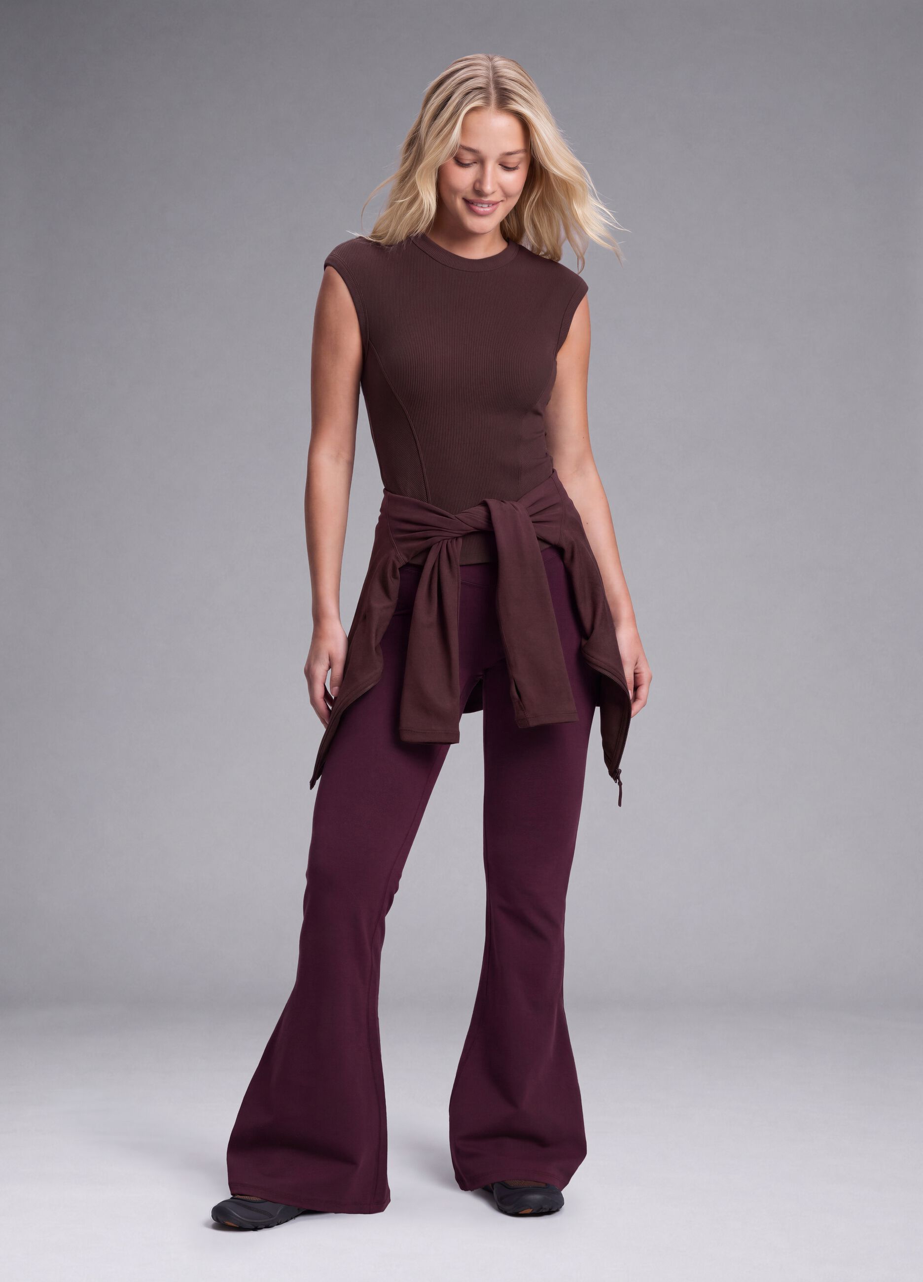 Brown ribbed stretch modal crew-neck top