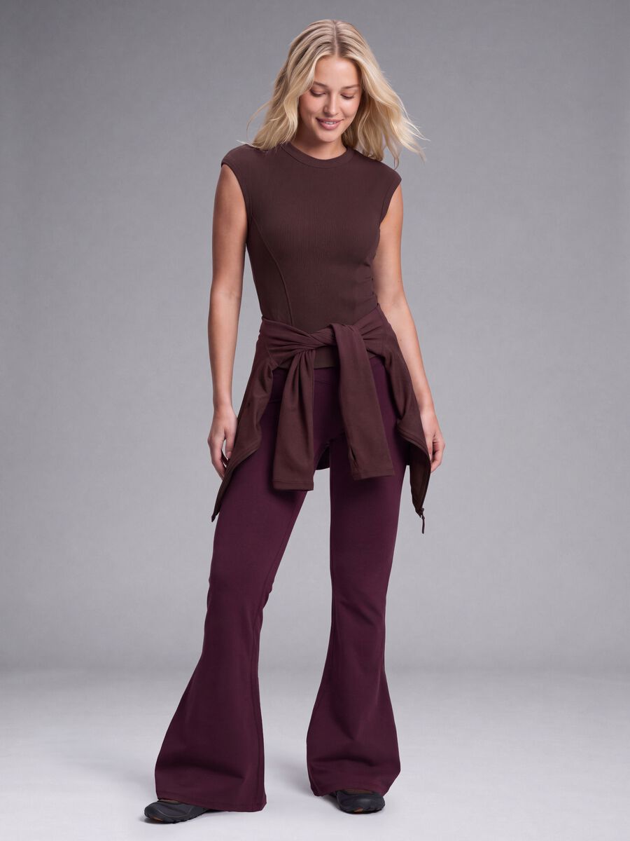 Brown ribbed stretch modal crew-neck top_0