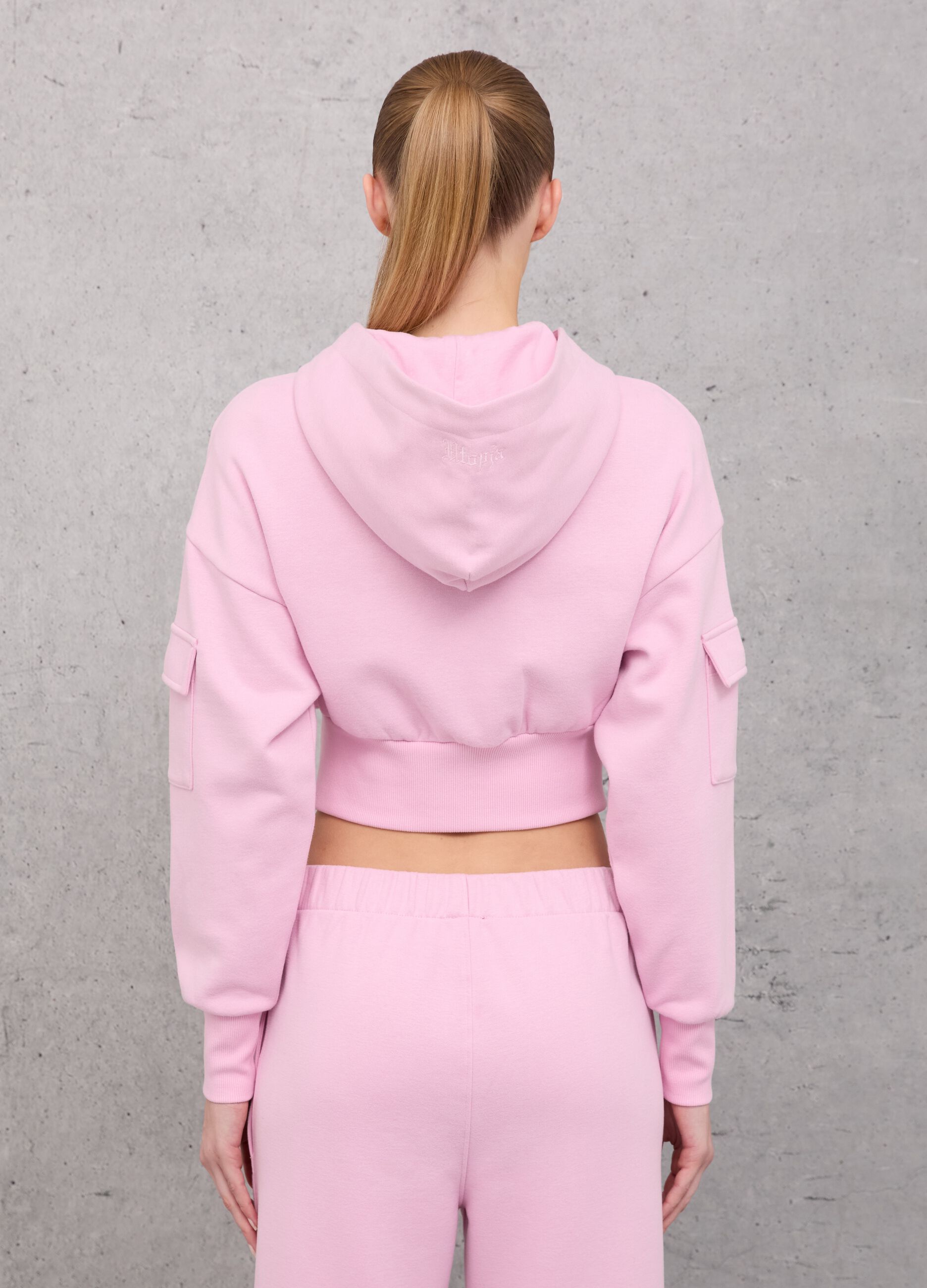 Crop Cargo Zip Hoodie Light Pink