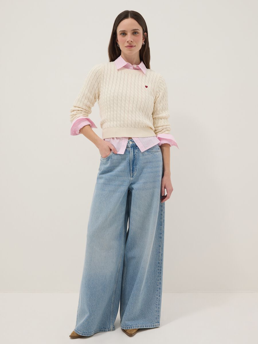 White pure cotton regular fit pullover with cable knit design_2