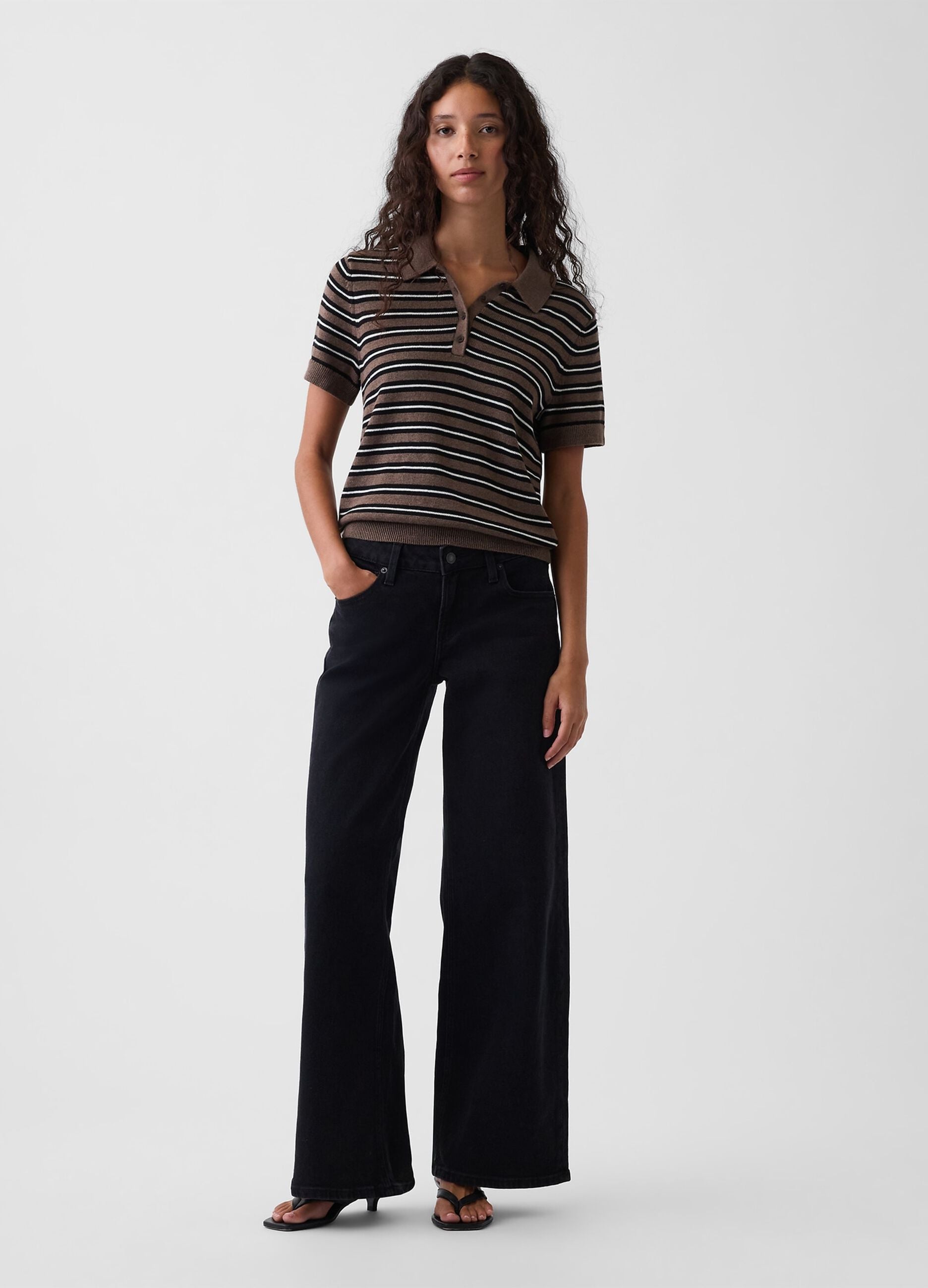 Brown pure cotton striped polo knit top