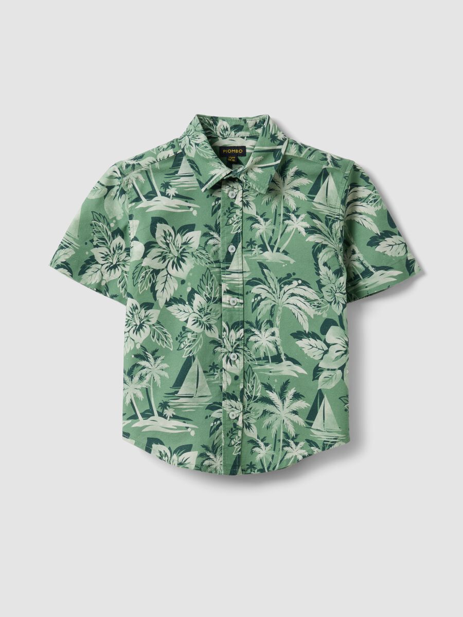 Green pure cotton shirt with tropical print_0