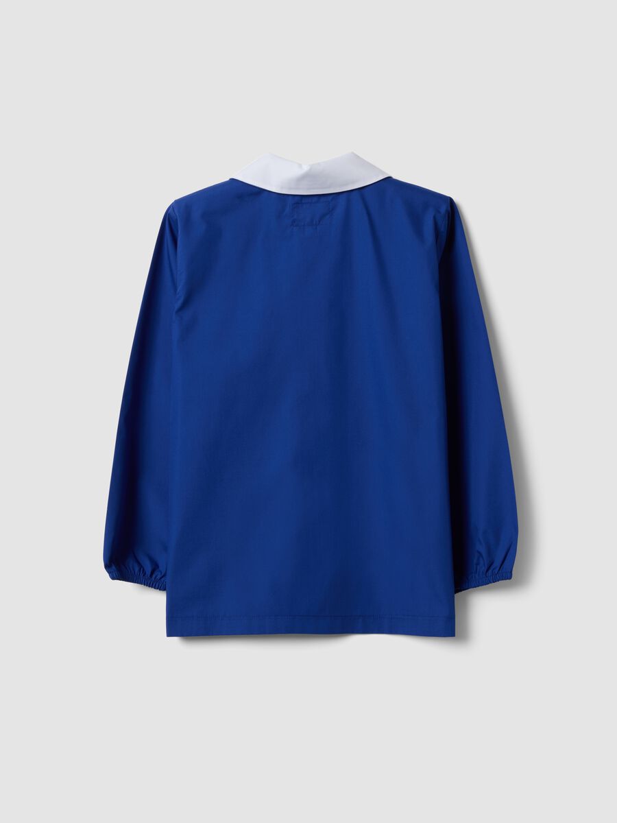 Blue kids&rsquo; school smock with gaming print and white collar_1