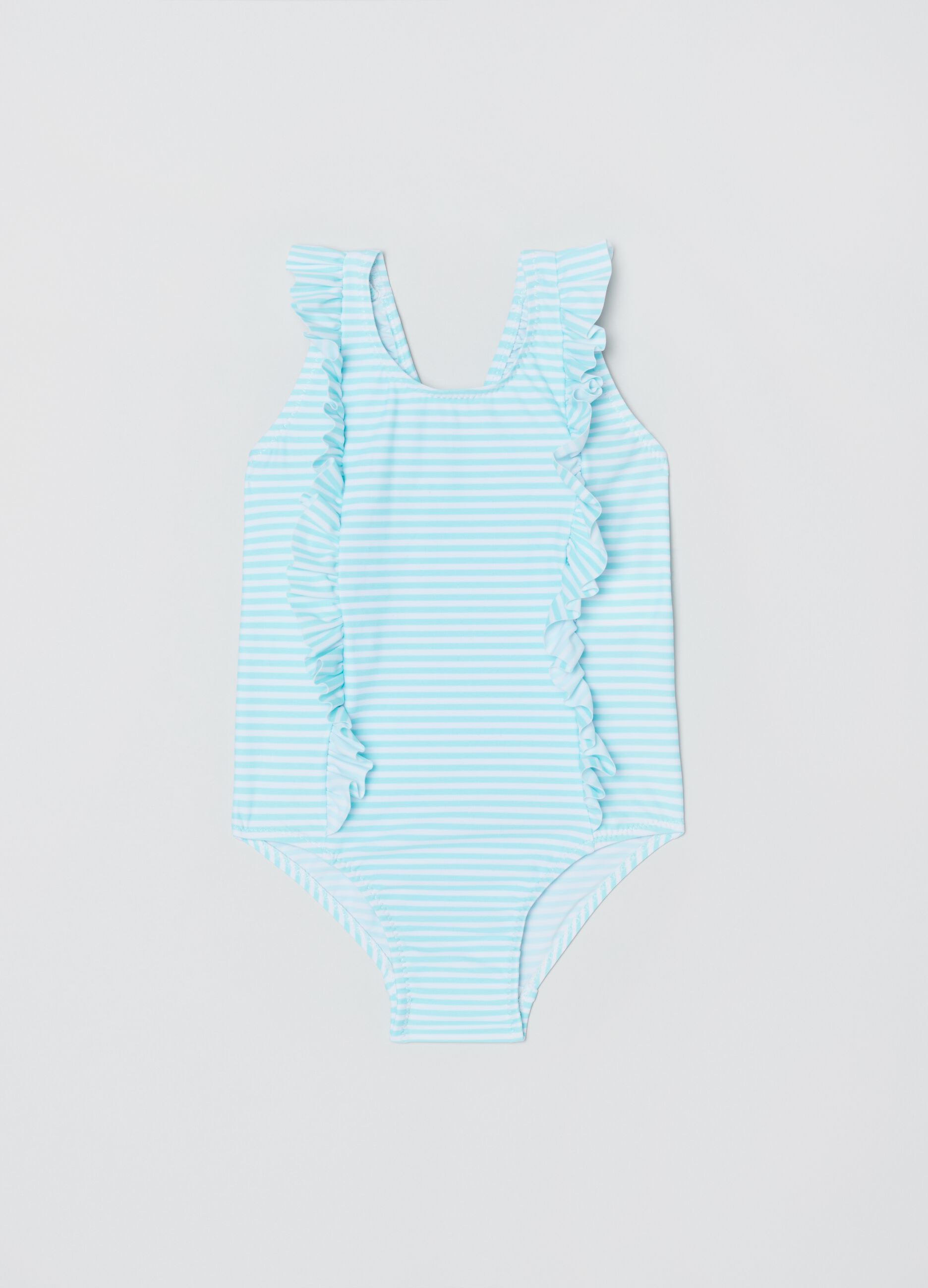 Striped one-piece swimsuit with frills