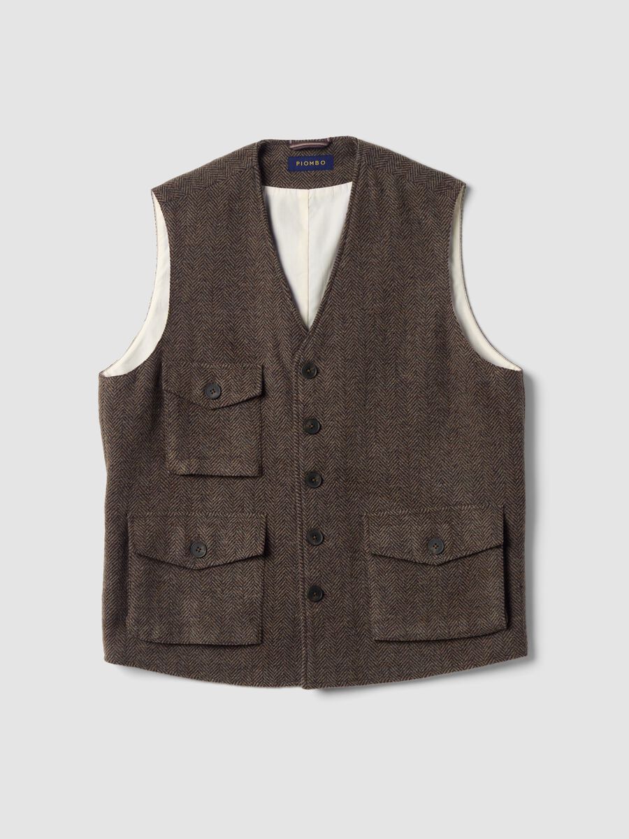 Brown herringbone wool and viscose blend waistcoat_0