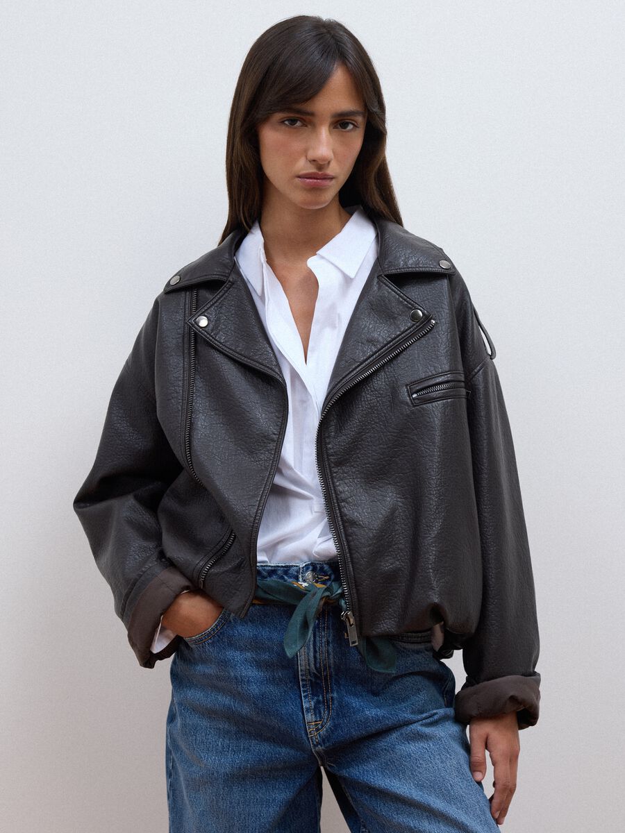 Giacca marrone biker in misto viscosa_1