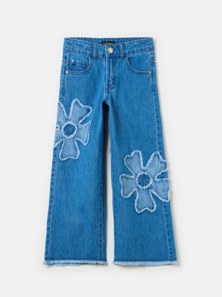 Jeans wide leg con fiori sfrangiati_0