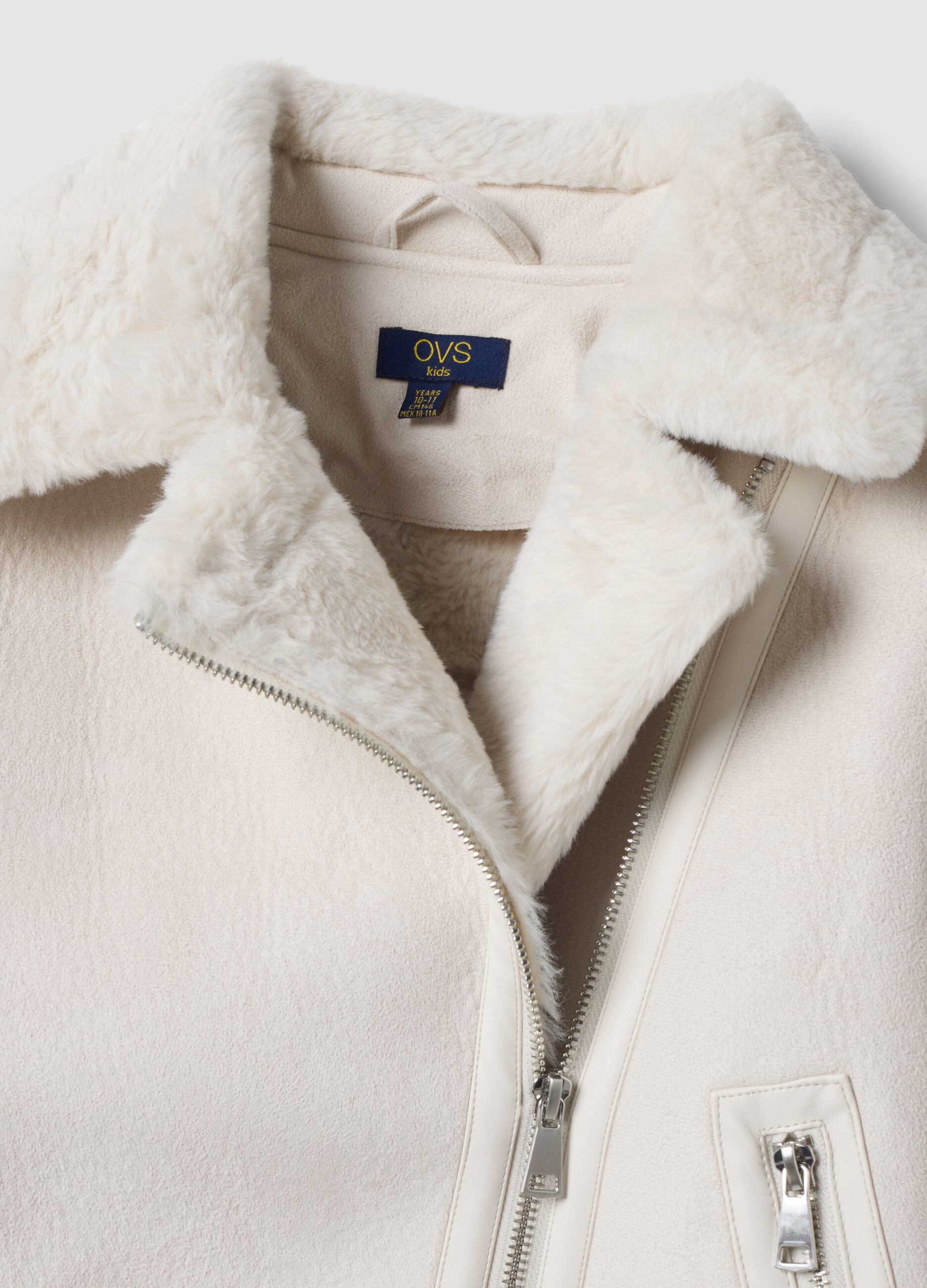 White slim-fit jacket with diagonal zip and shearling-effect trims