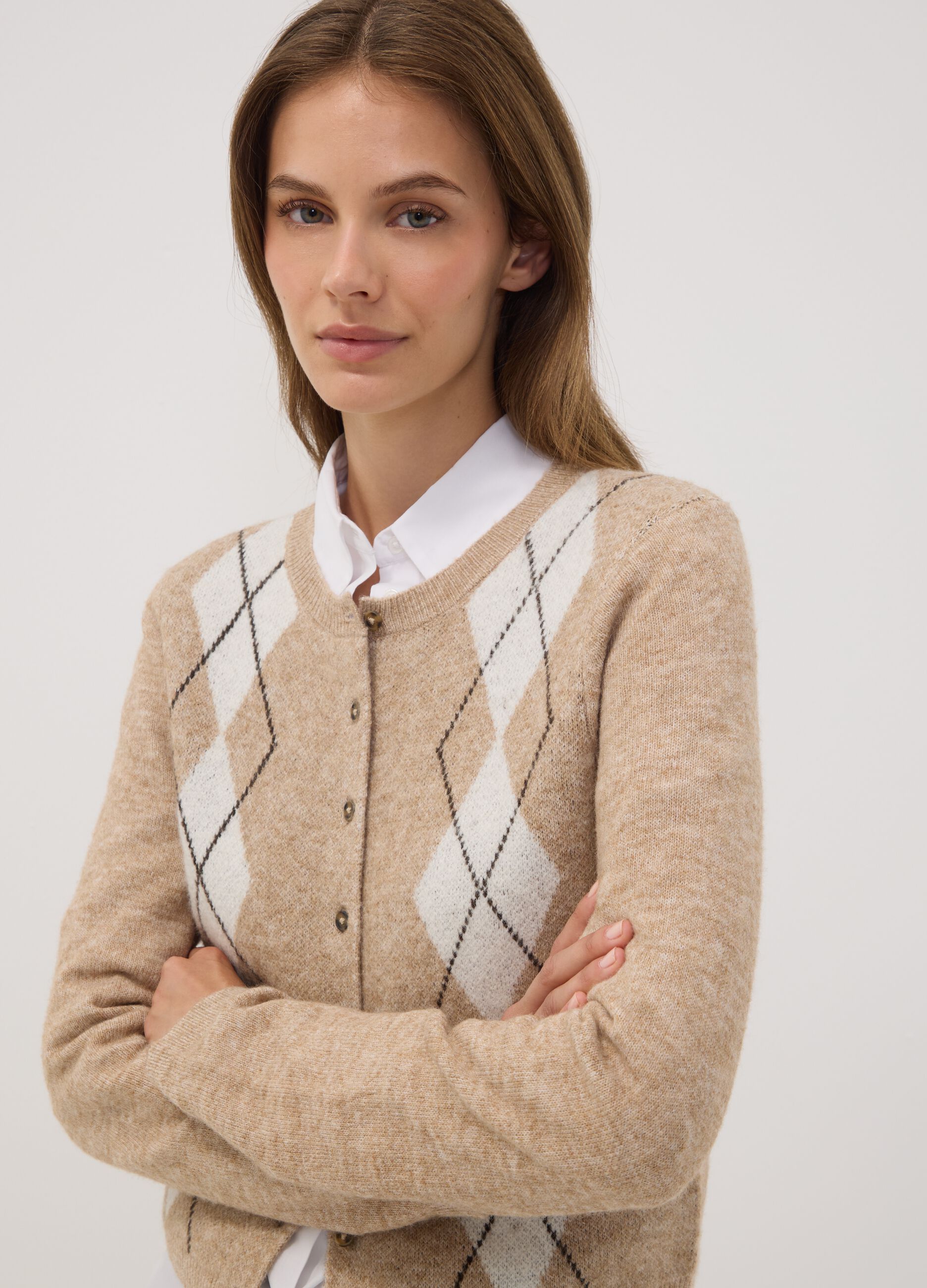 Beige jacquard stretch wool crew-neck cardigan, regular fit