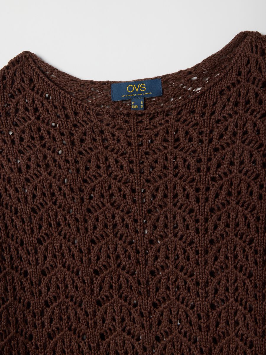 Brown pure cotton sweater with perforated pattern, regular fit_1