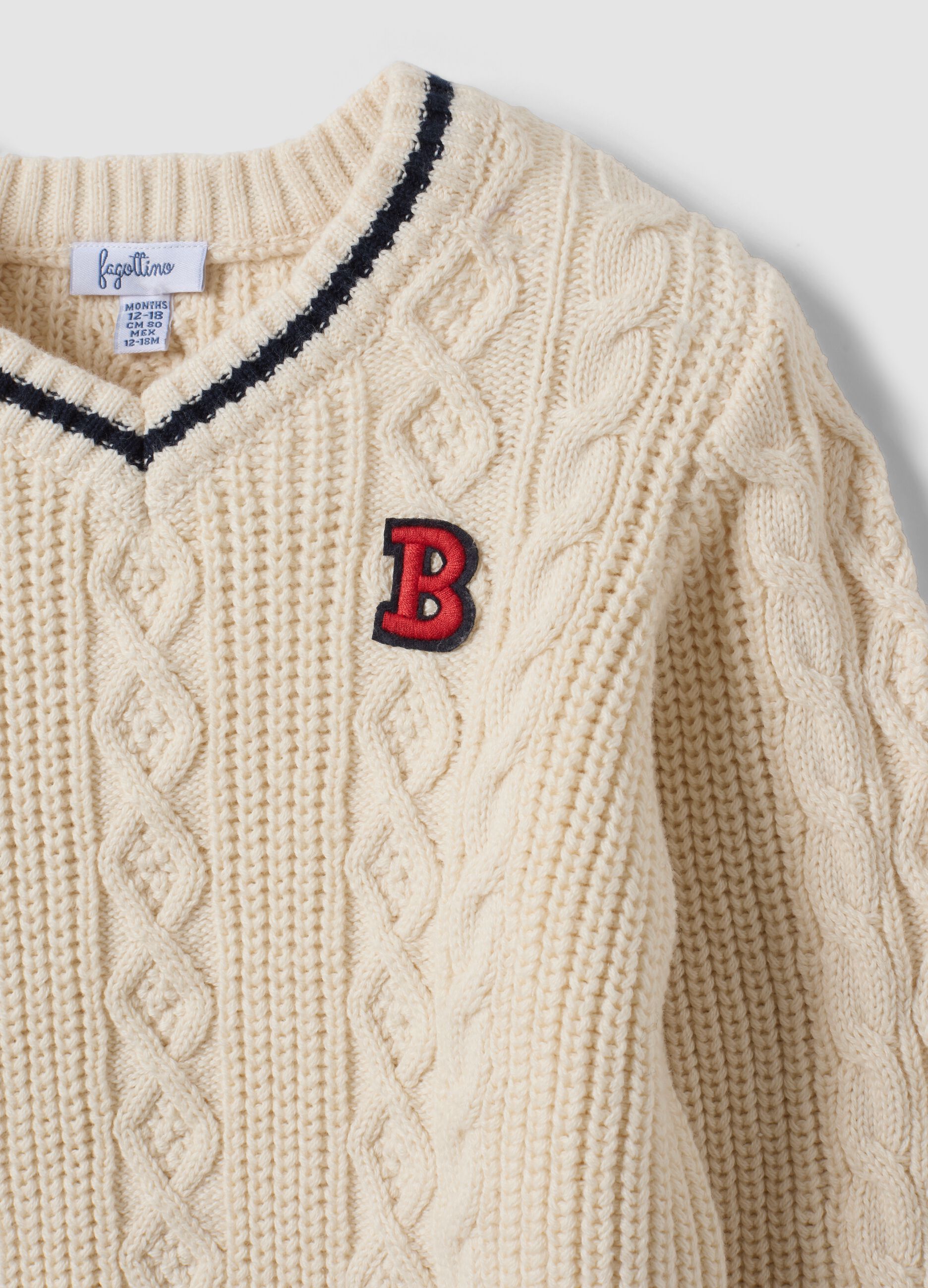 White pure cotton cable-knit V-neck jumper for boys