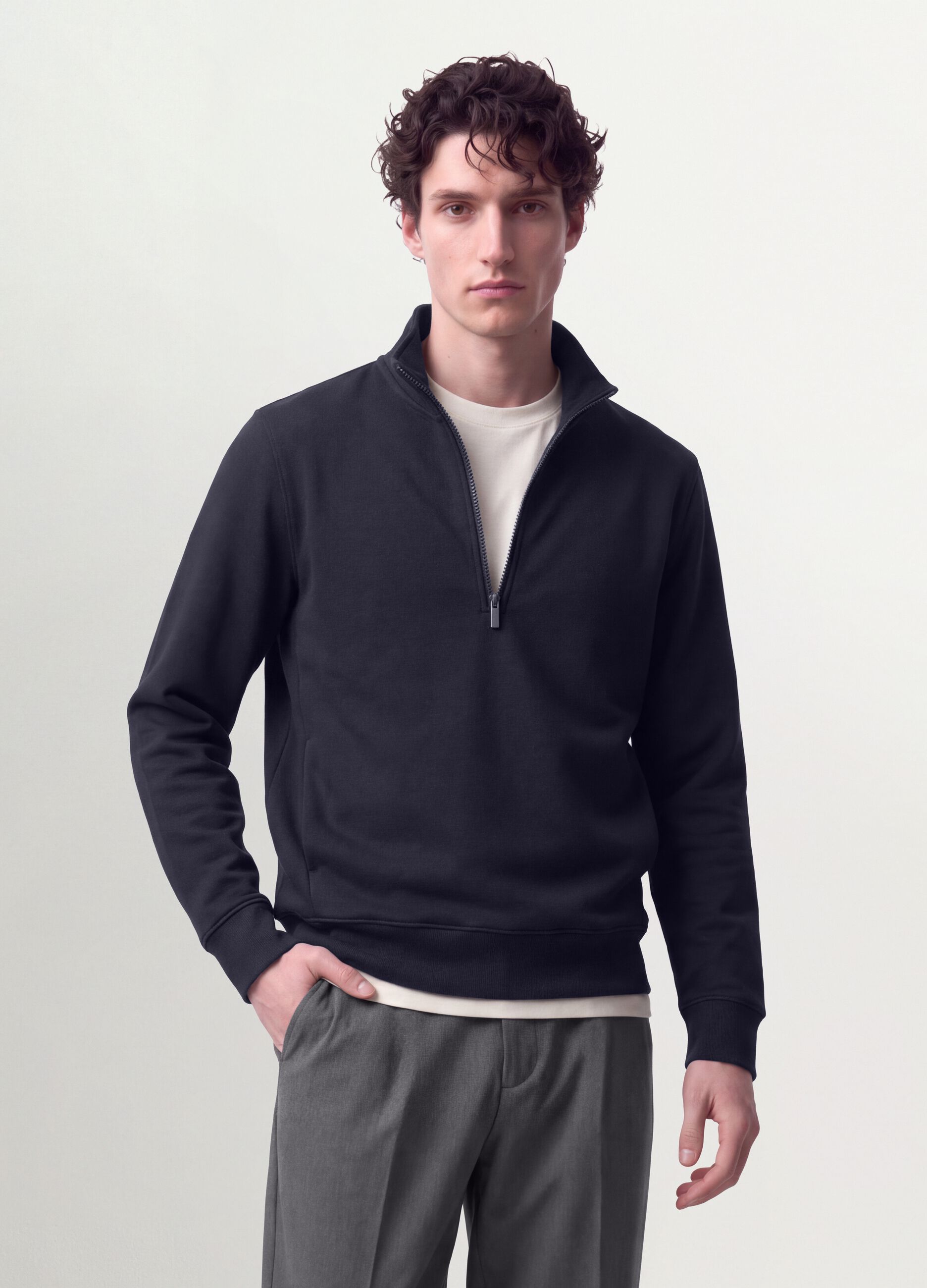 Blue cotton-blend half-zip crew-neck sweatshirt