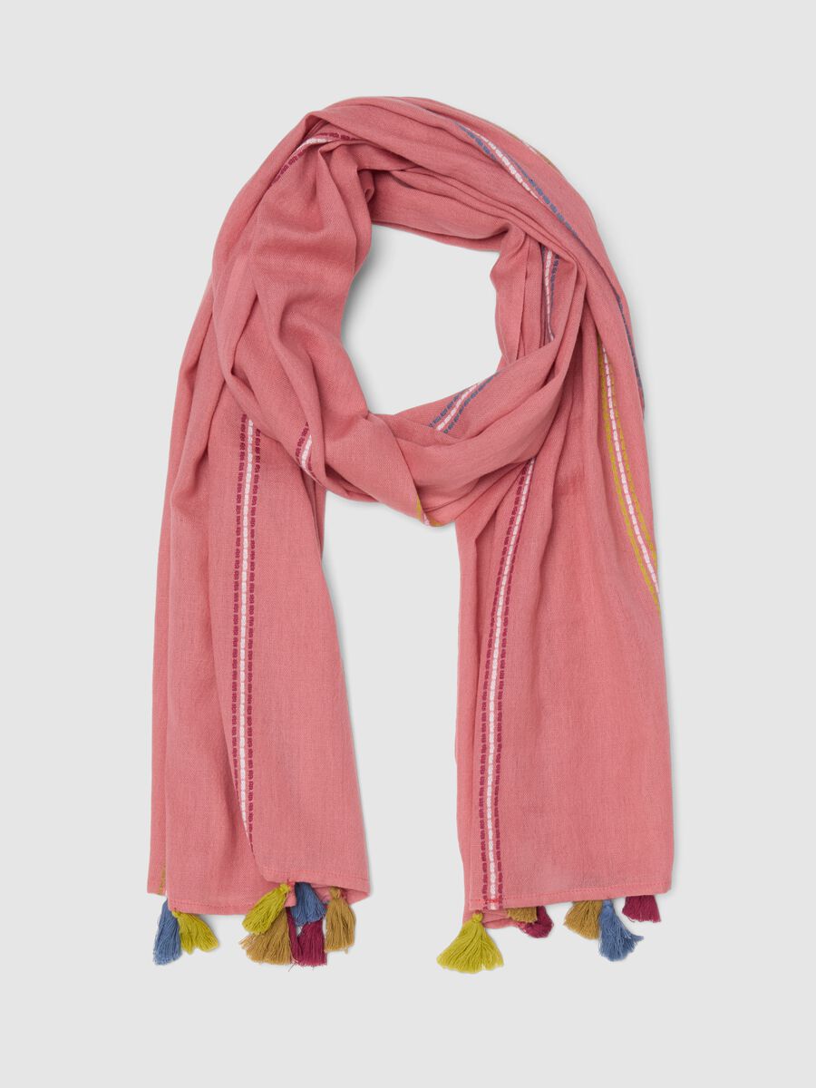 Pink pure cotton scarf with multicolour fringes_0