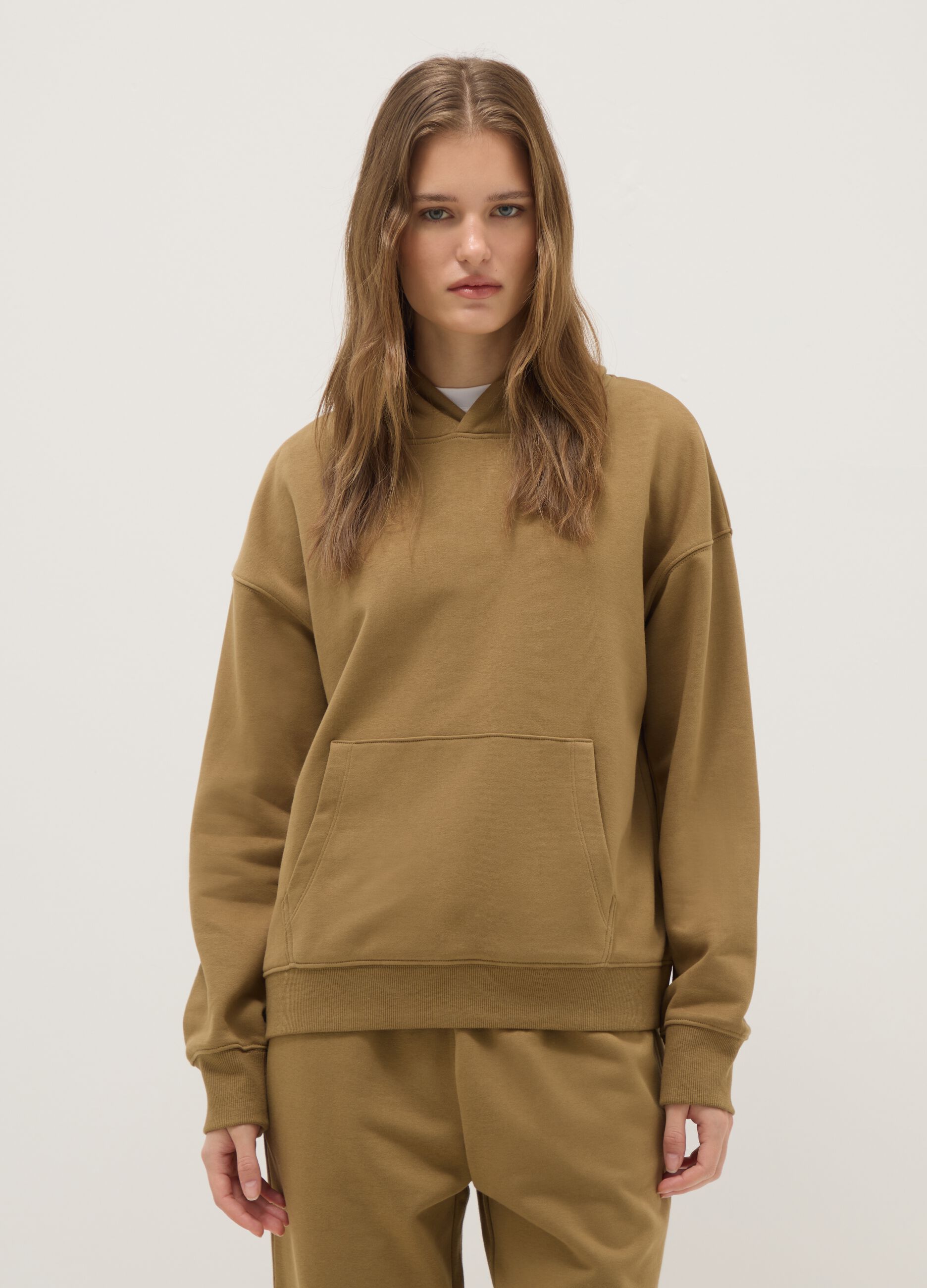 Regular fit beige cotton blend hoodie