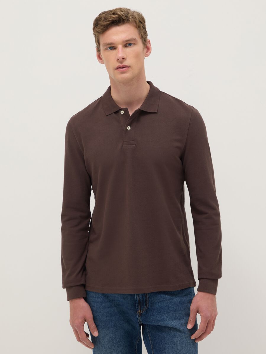 Brown long sleeve polo in pure cotton regular fit_0