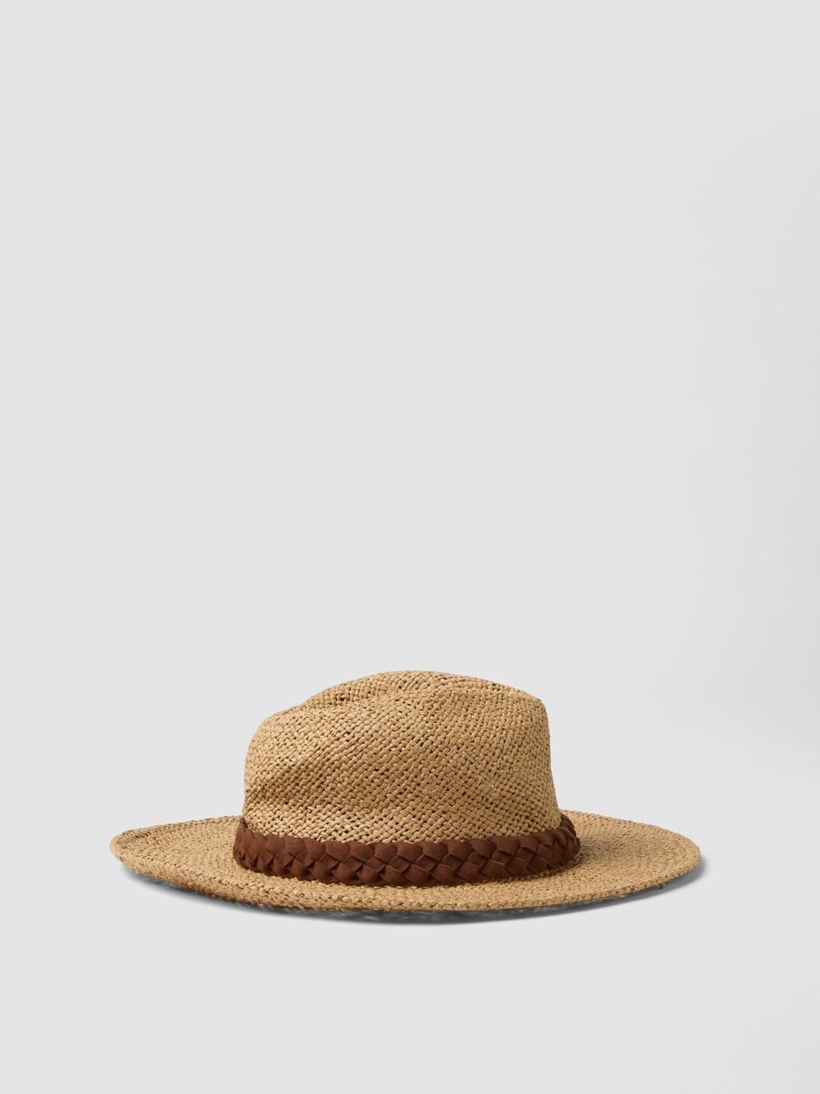 Beige Panama hat in pure paper fabric with brown band_0
