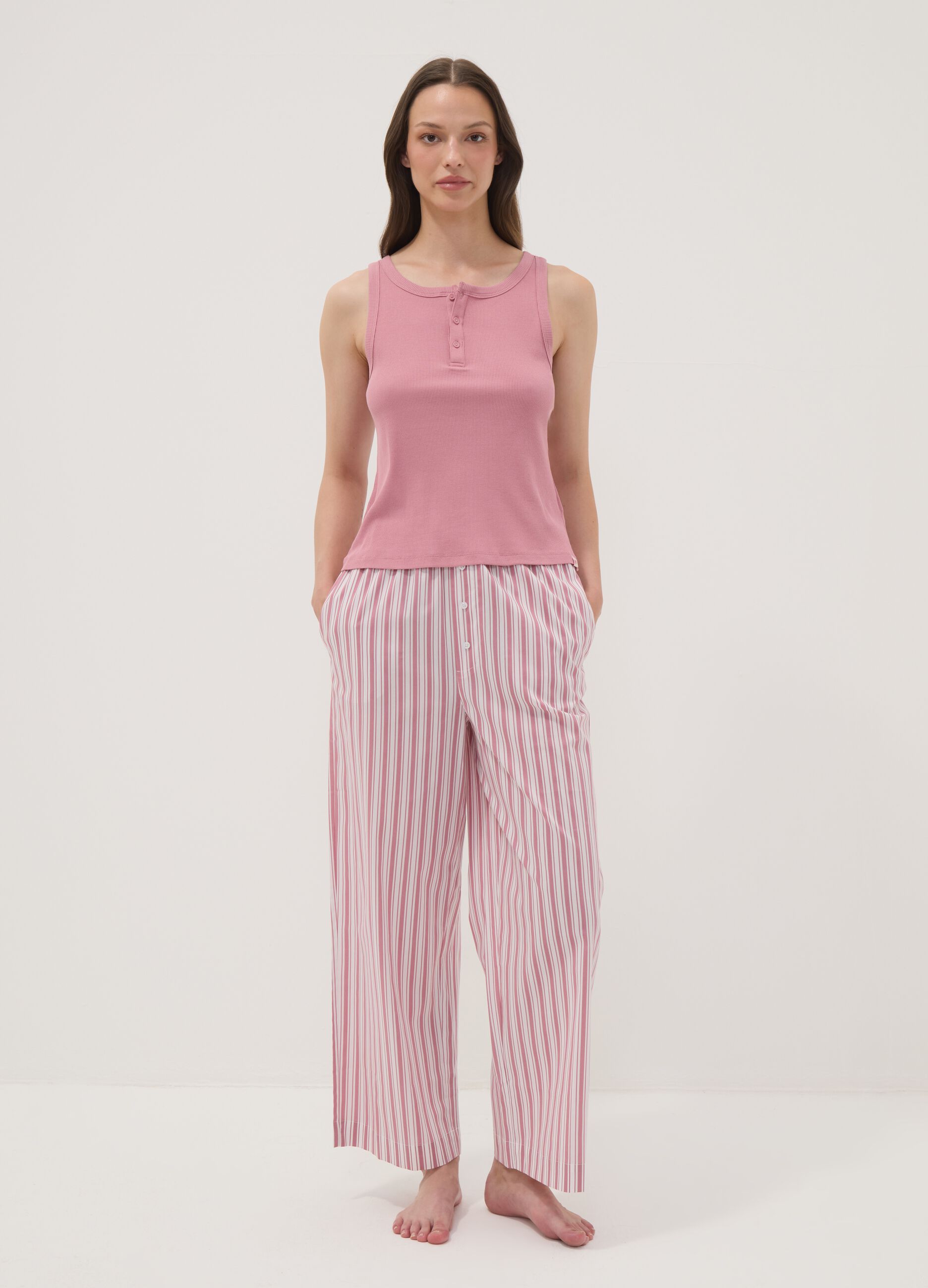 Pink ribbed cotton and viscose blend henley vest