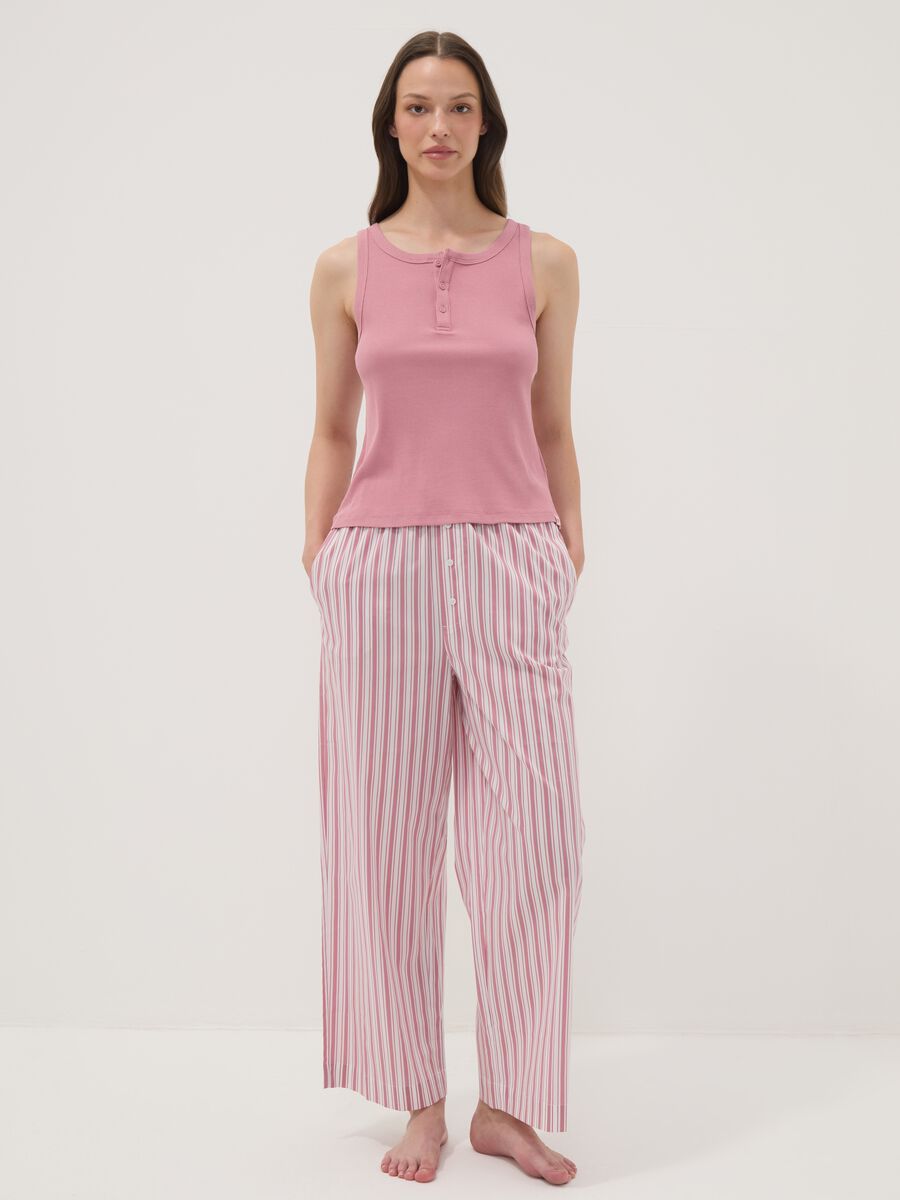 Pink ribbed cotton and viscose blend henley vest_1