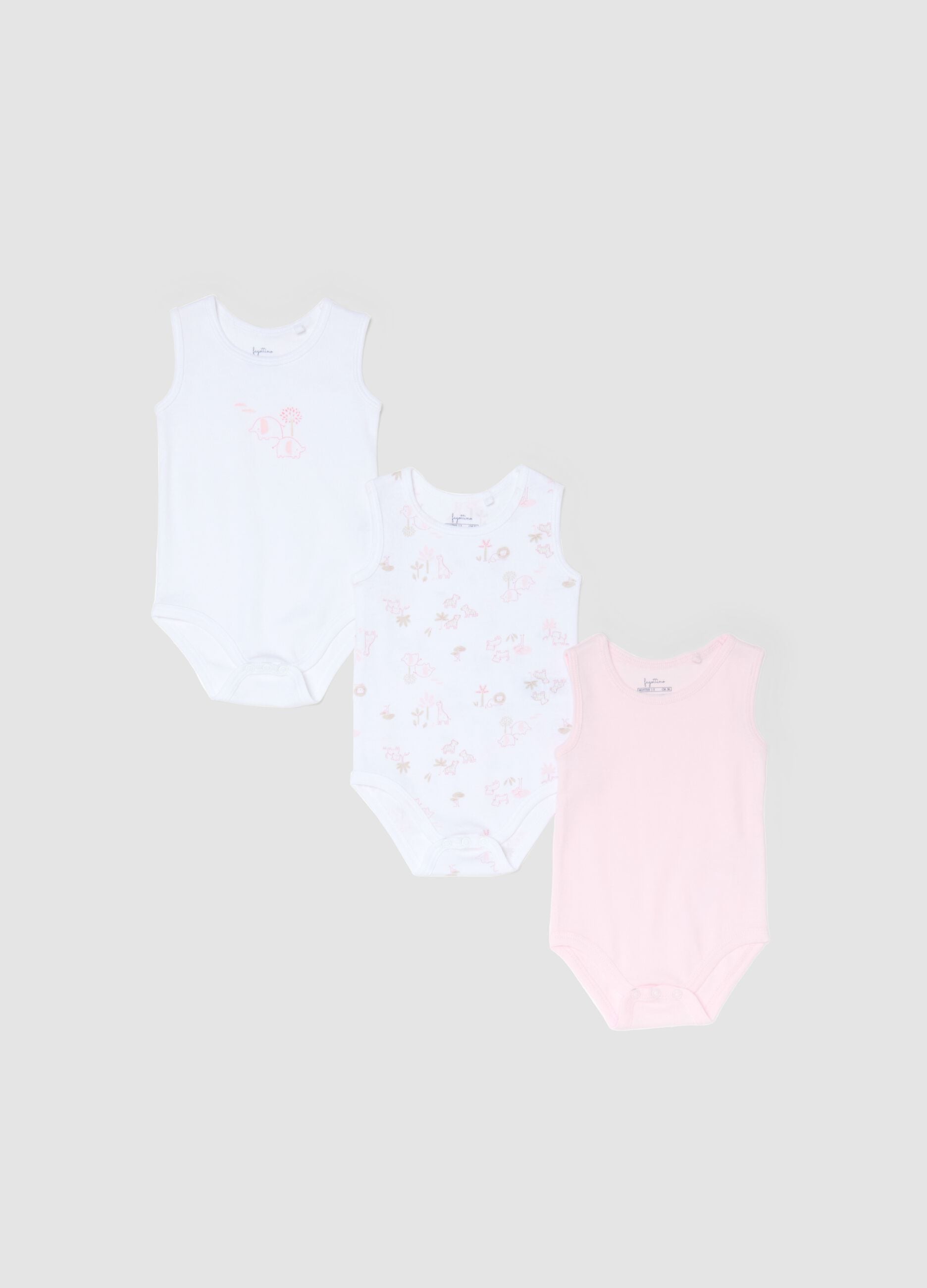 Pack of sleeveless bodysuits in pure multicolored cotton for baby girls