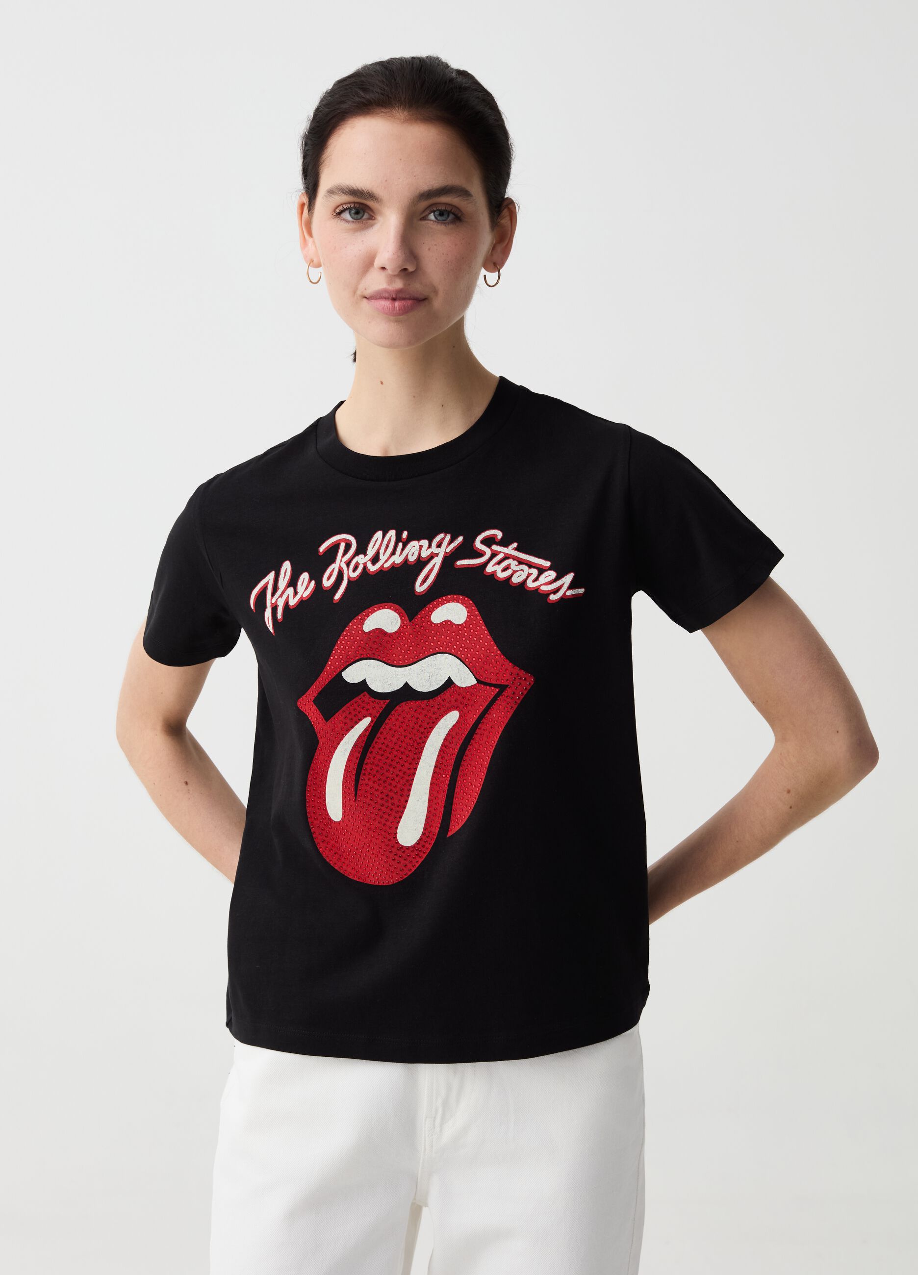 T-shirt stampa logo Rolling Stones con strass