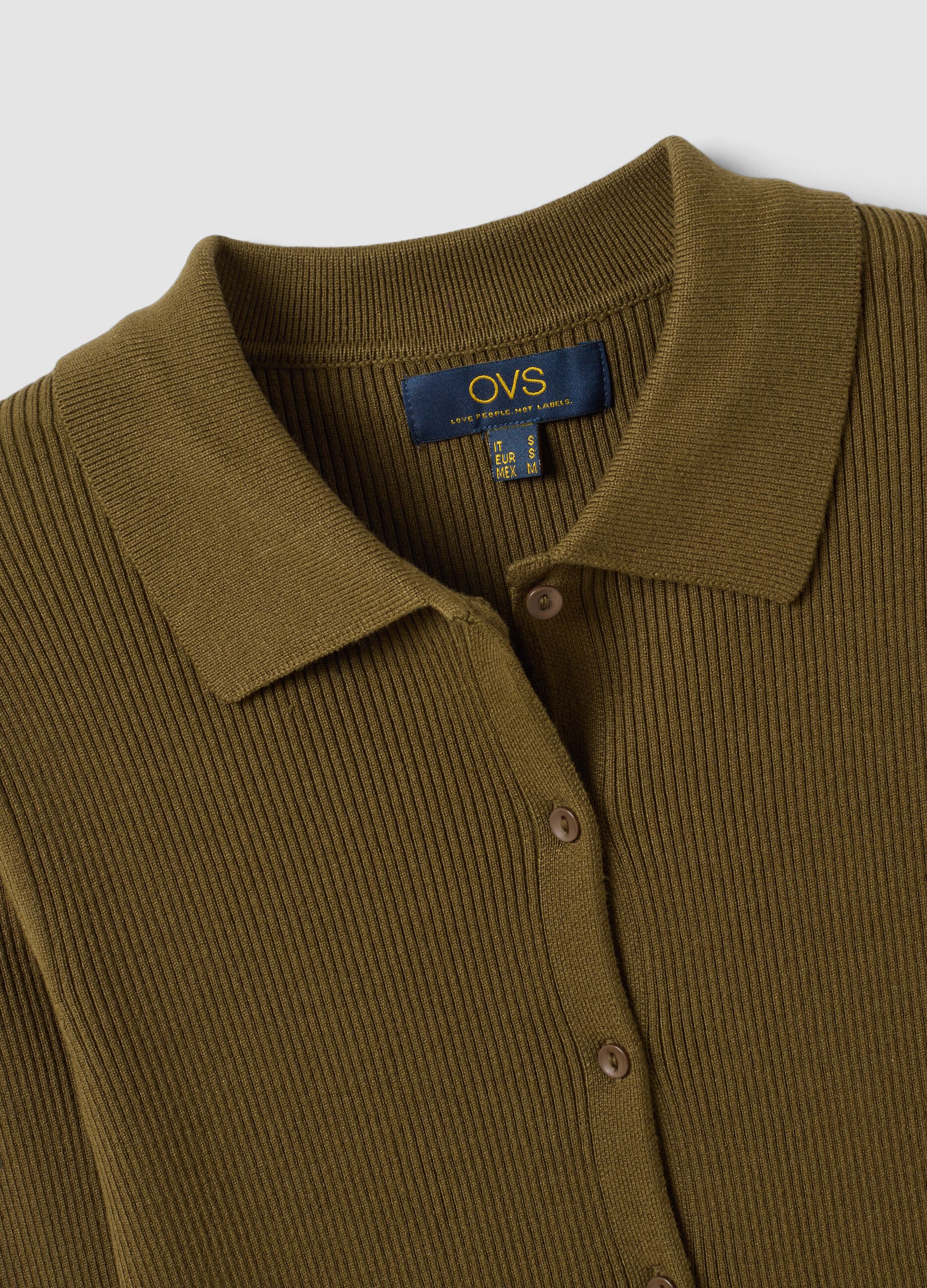 Cardigan fitted verde a coste in misto viscosa con colletto polo