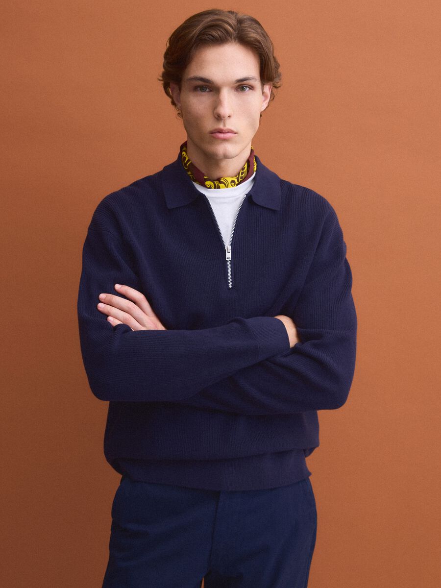 Polo blu in puro cotone con zip e collo classico_1