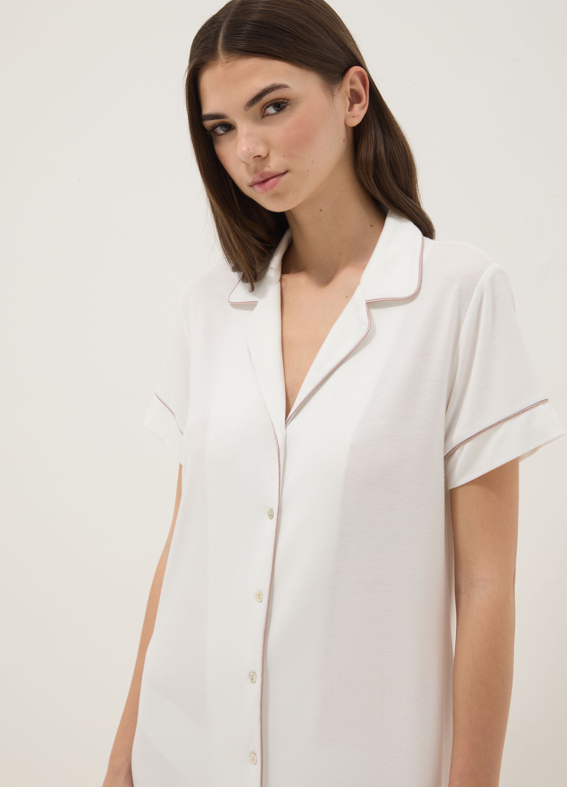 White Stretch Viscose Blend Nightdress with V-Neck