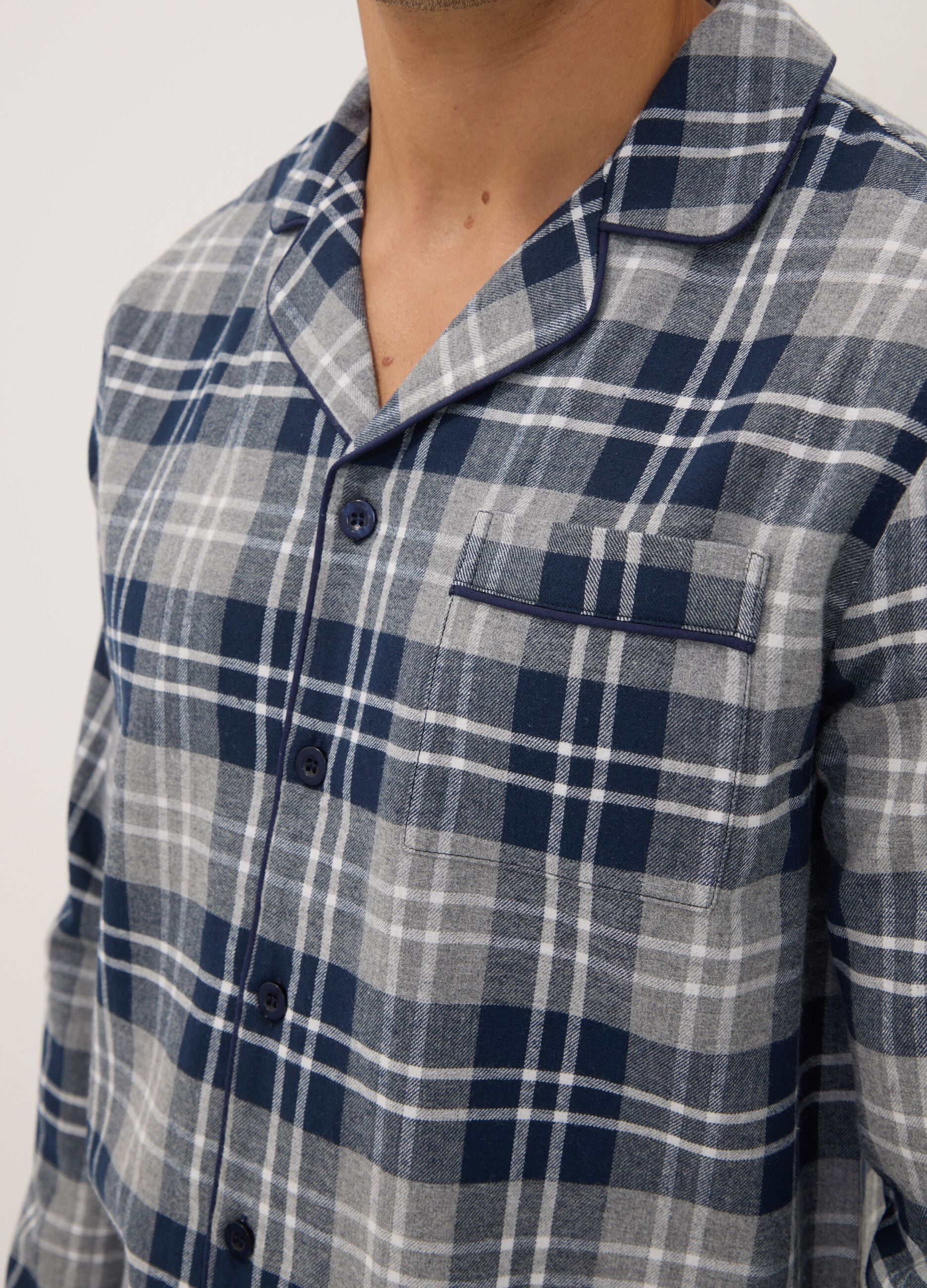 Grey and blue flannel pyjamas in pure organic cotton, regular fit