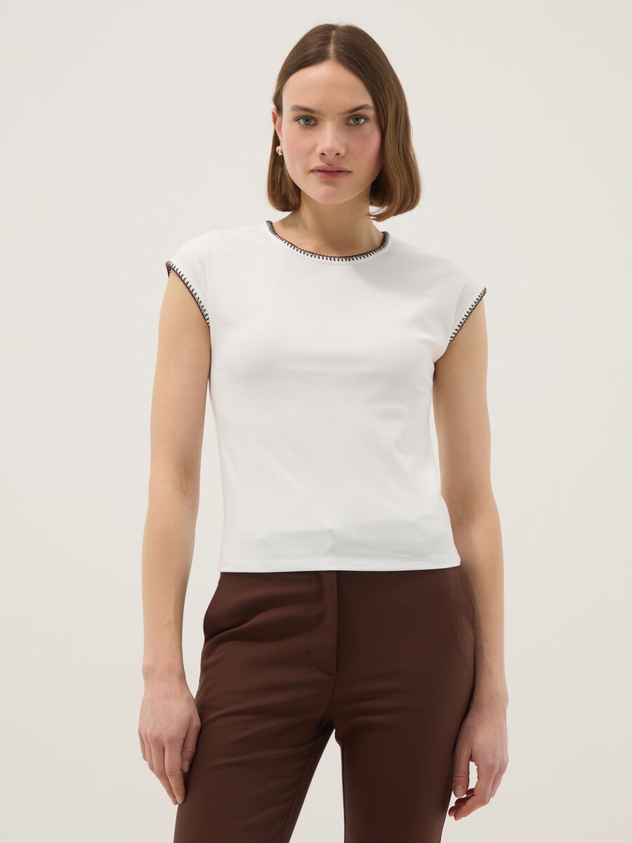White regular fit stretch cotton t-shirt with stitching_0