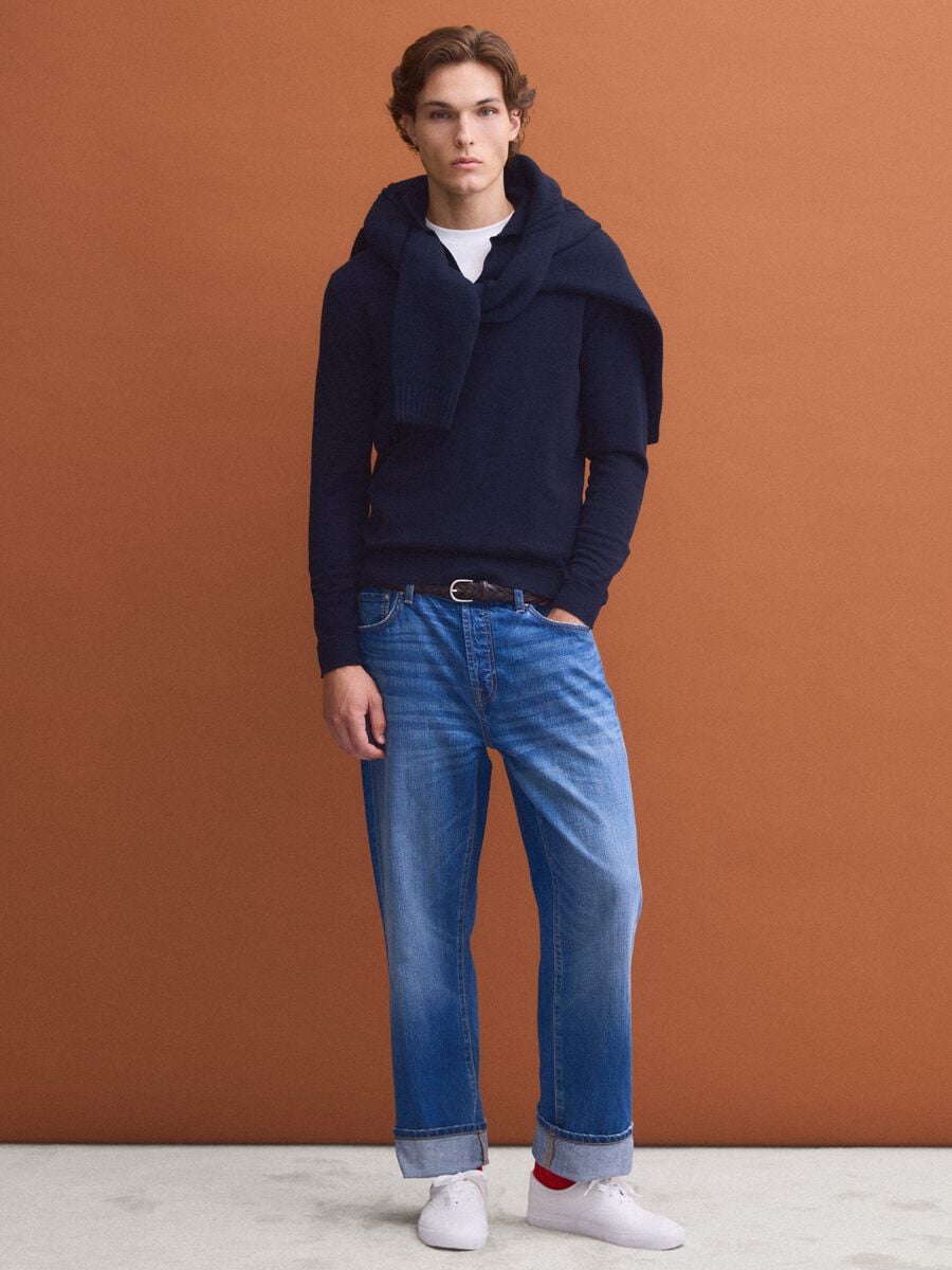 Blue long-sleeve pure cotton polo shirt_1