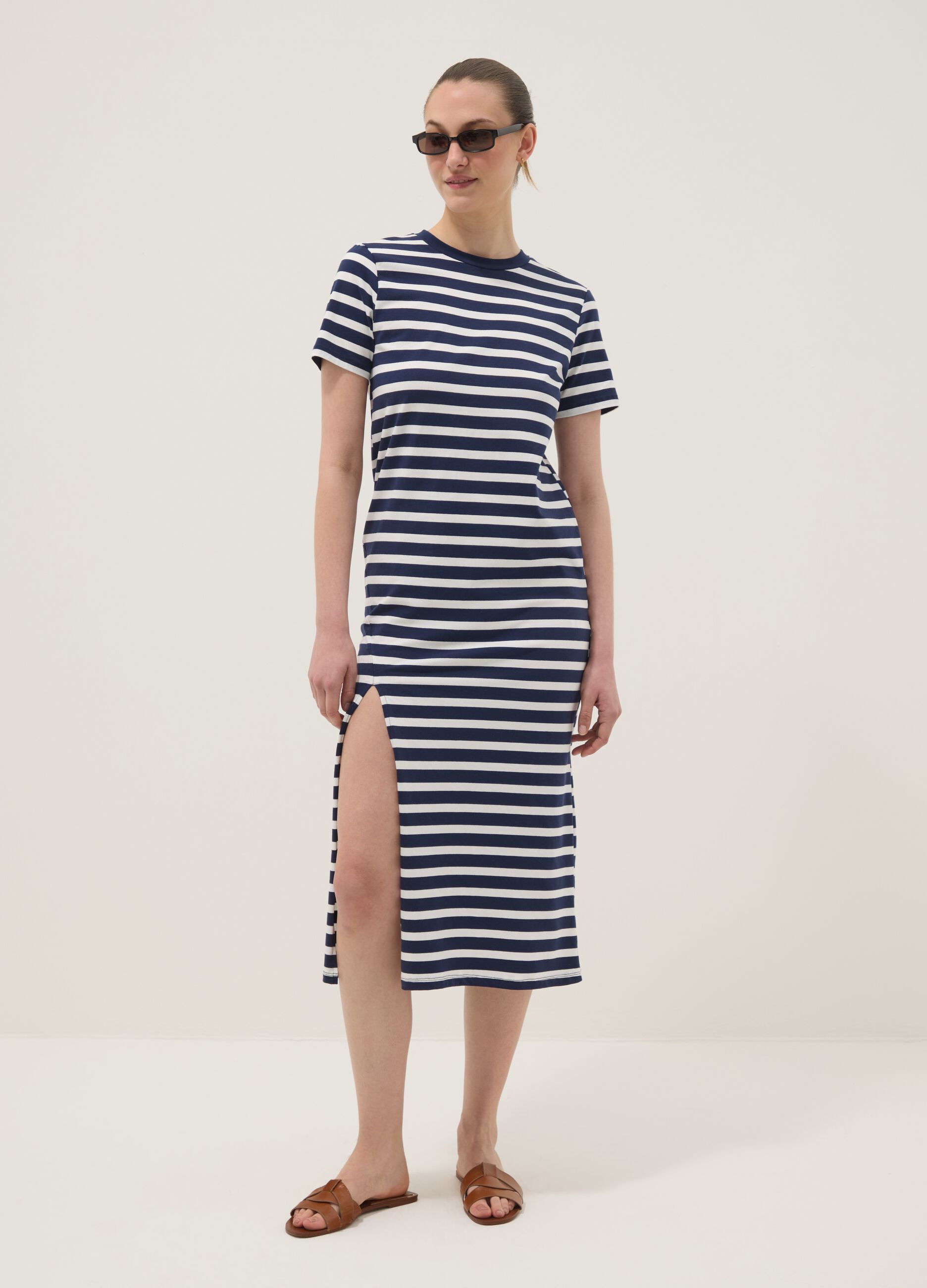 Blue striped stretch cotton maxi dress