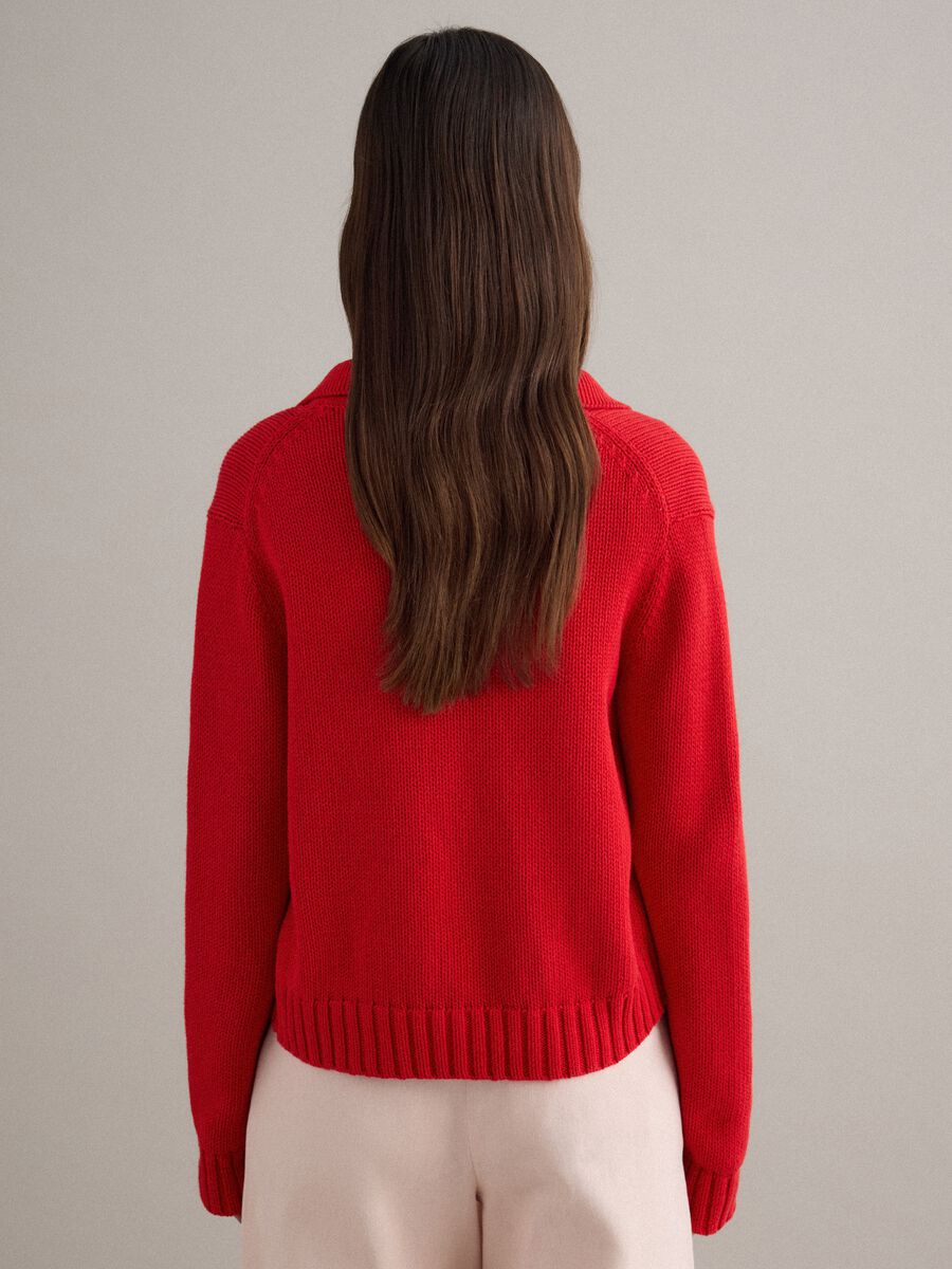 Regular Fit Red Cotton Cardigan with Polo Collar_2