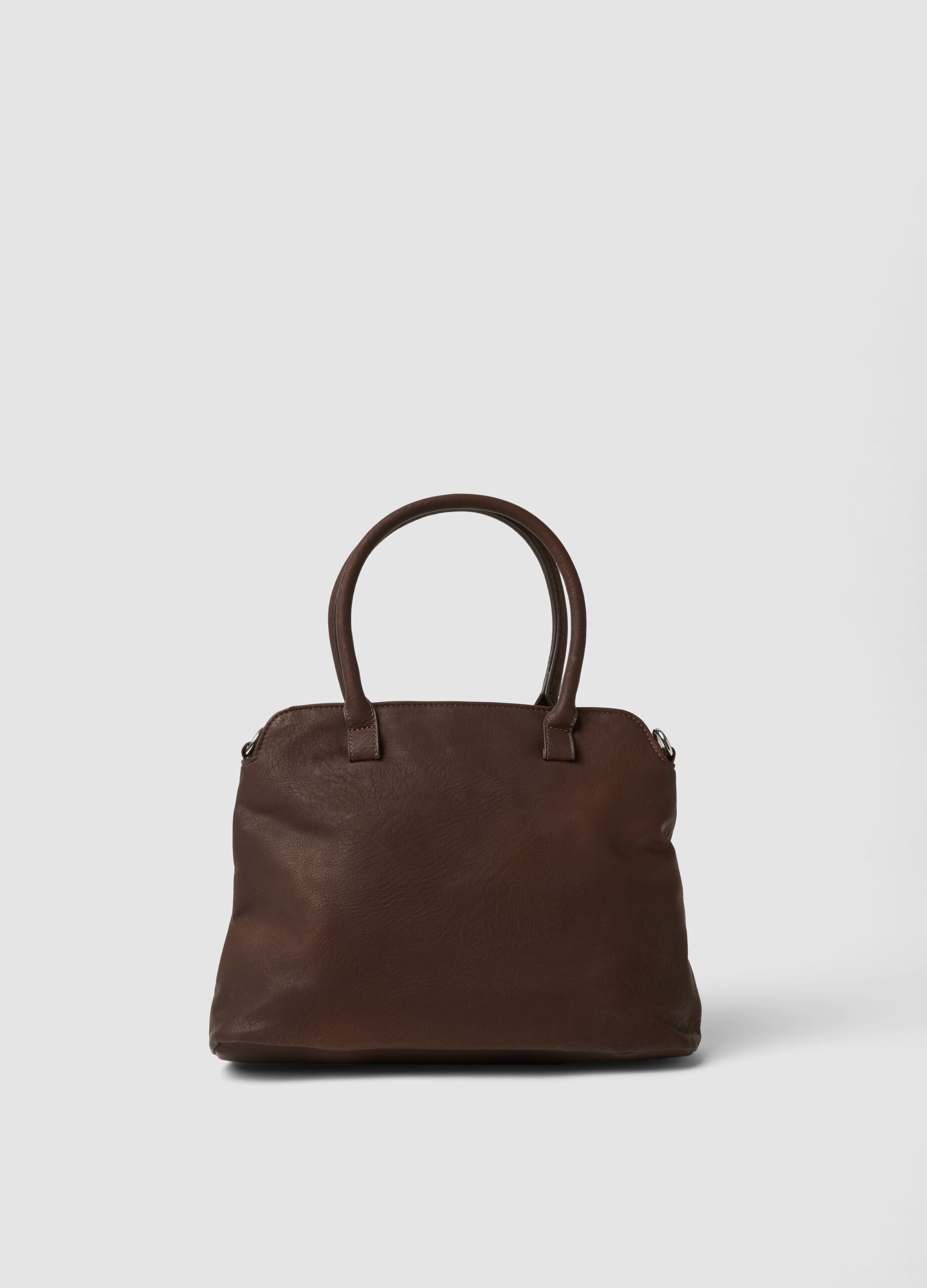 Brown handbag with double handles and shoulder strap