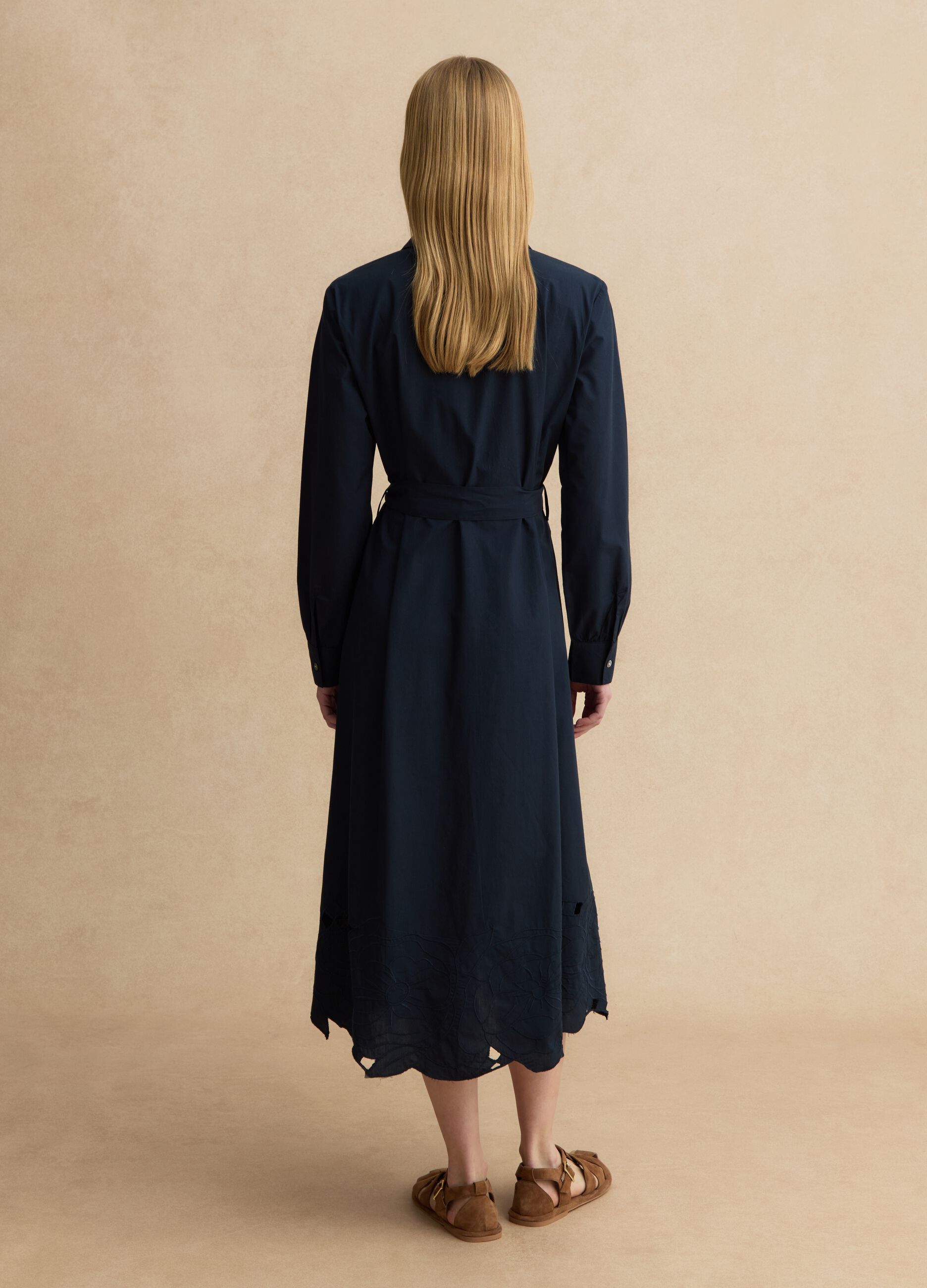 Long blue dress in pure cotton with regular fit and embroidery