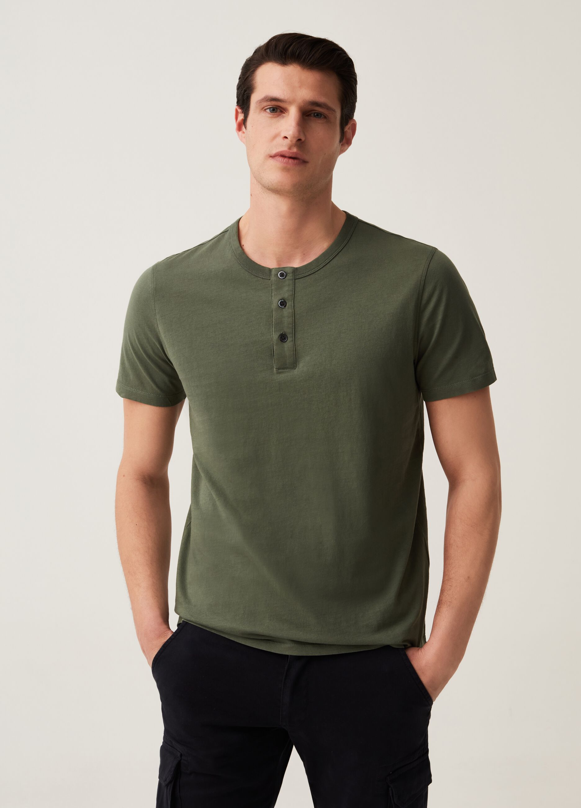 Premium cotton T-shirt with granddad neckline