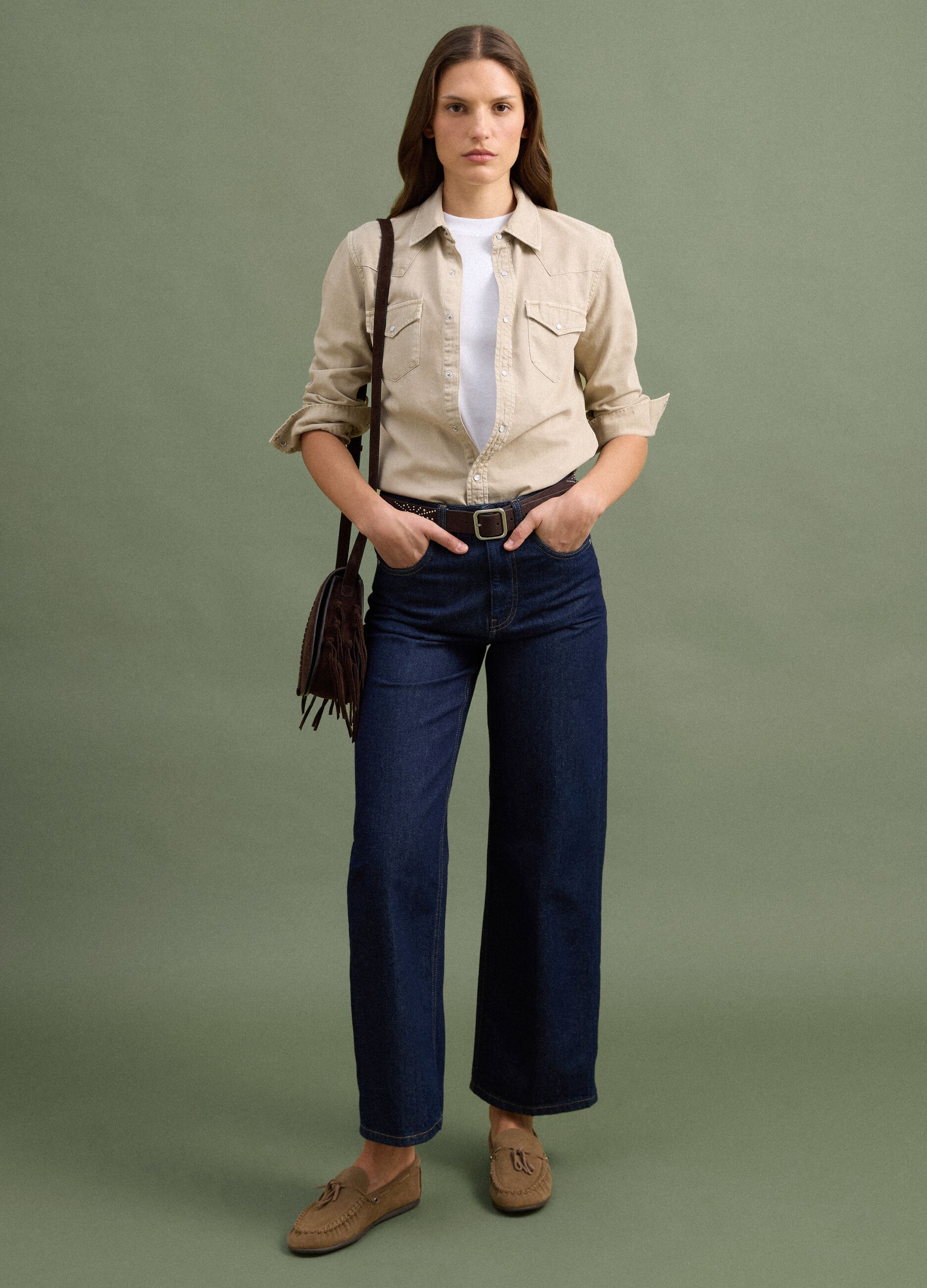 Beige pure cotton shirt with snap buttons, regular fit