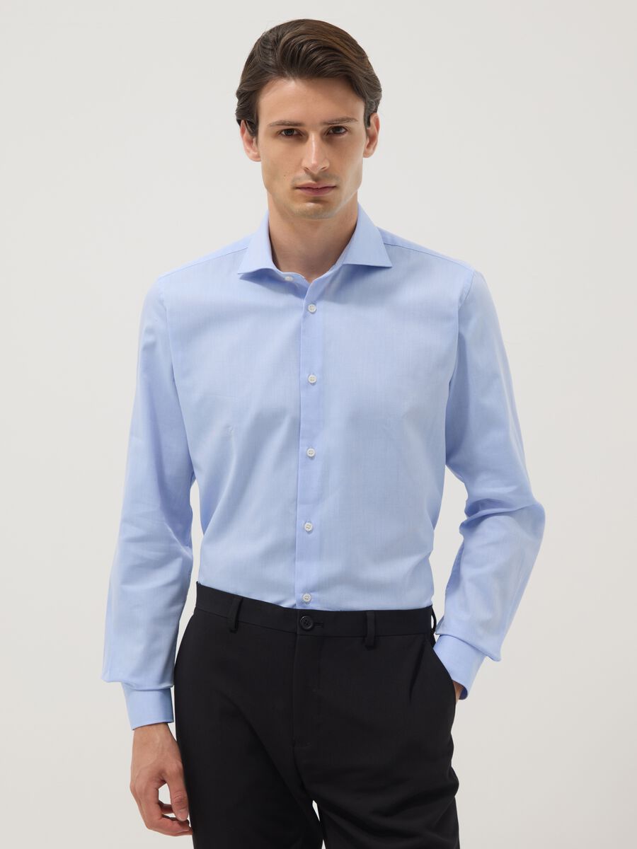 Light blue slim-fit cotton-blend shirt with French collar_0