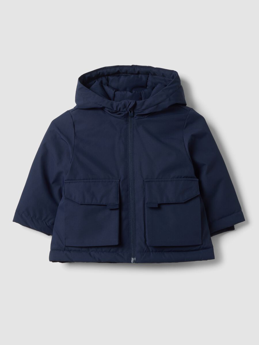 Giacca blu imbottita con cappuccio e zip per bimbo_0
