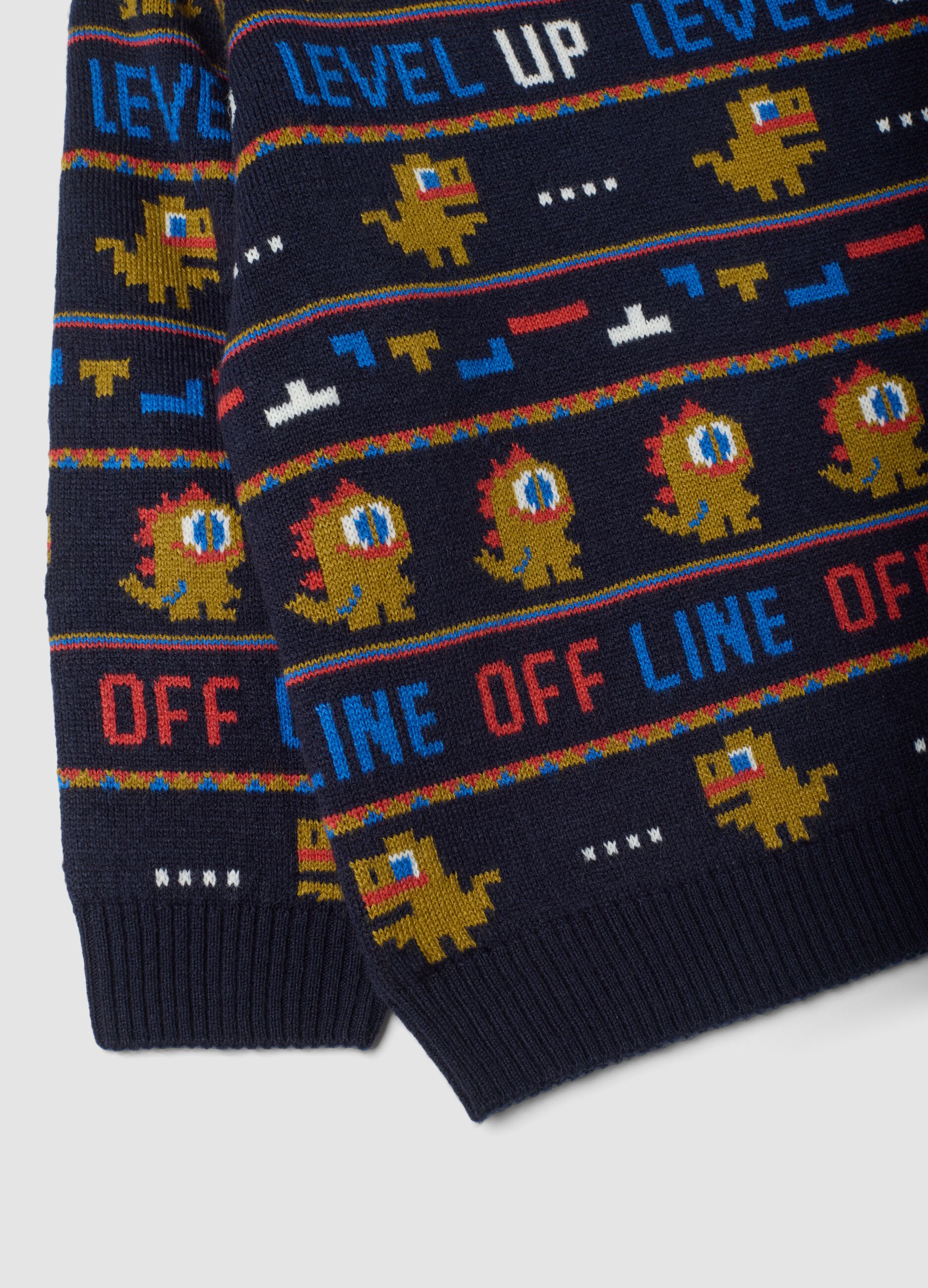 Blue crew-neck jacquard knit jumper, regular fit