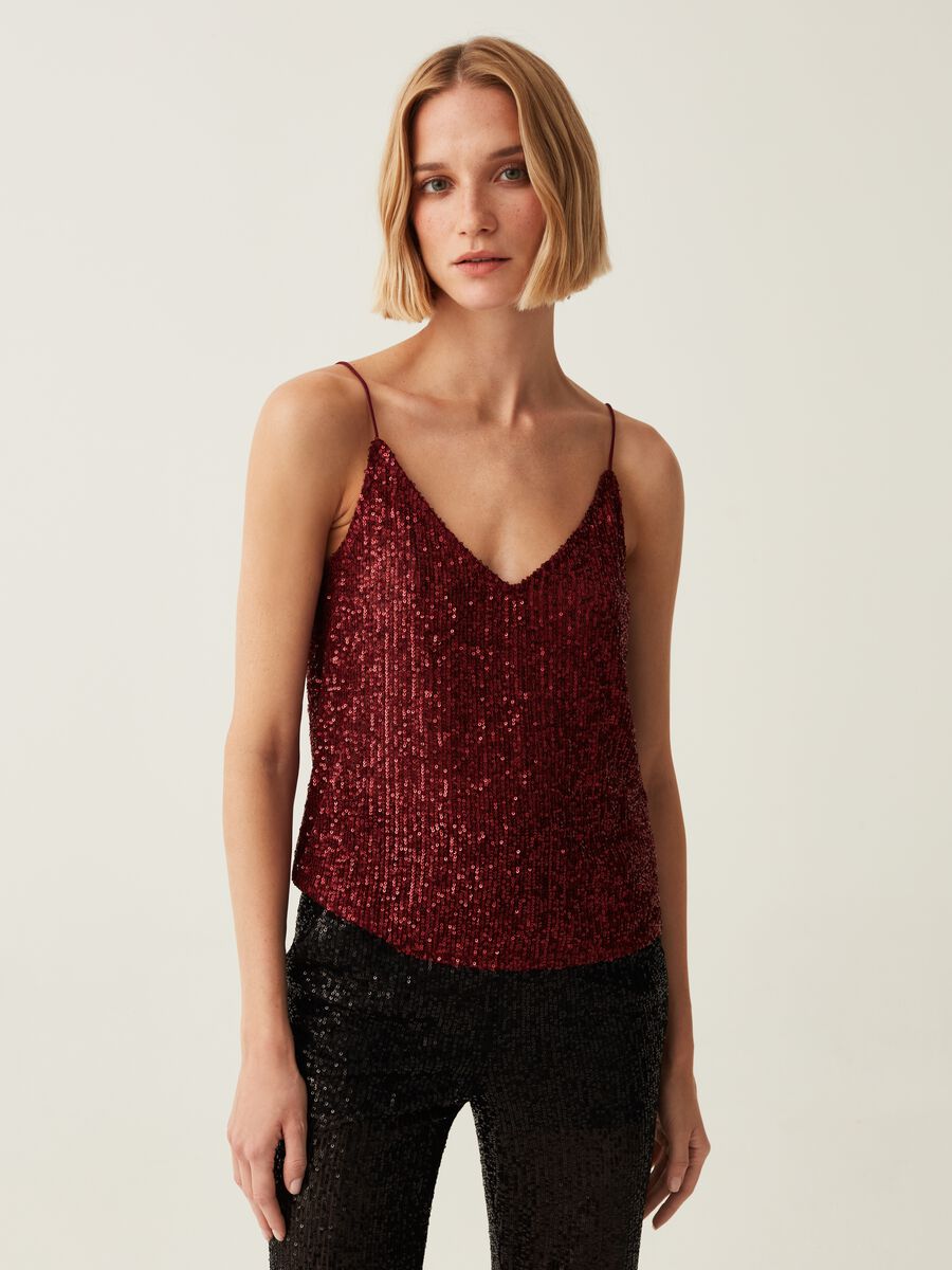 Tank top with sequins and V neck_0